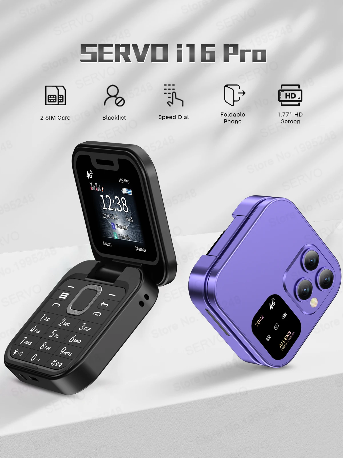 SERVO I16 PRO 4G LTE Foldable Mini Mobile Phone 2 SIM Speed Dial Call Recording Flashlight 1.77'' Screen Flip Cellphone Blacklis