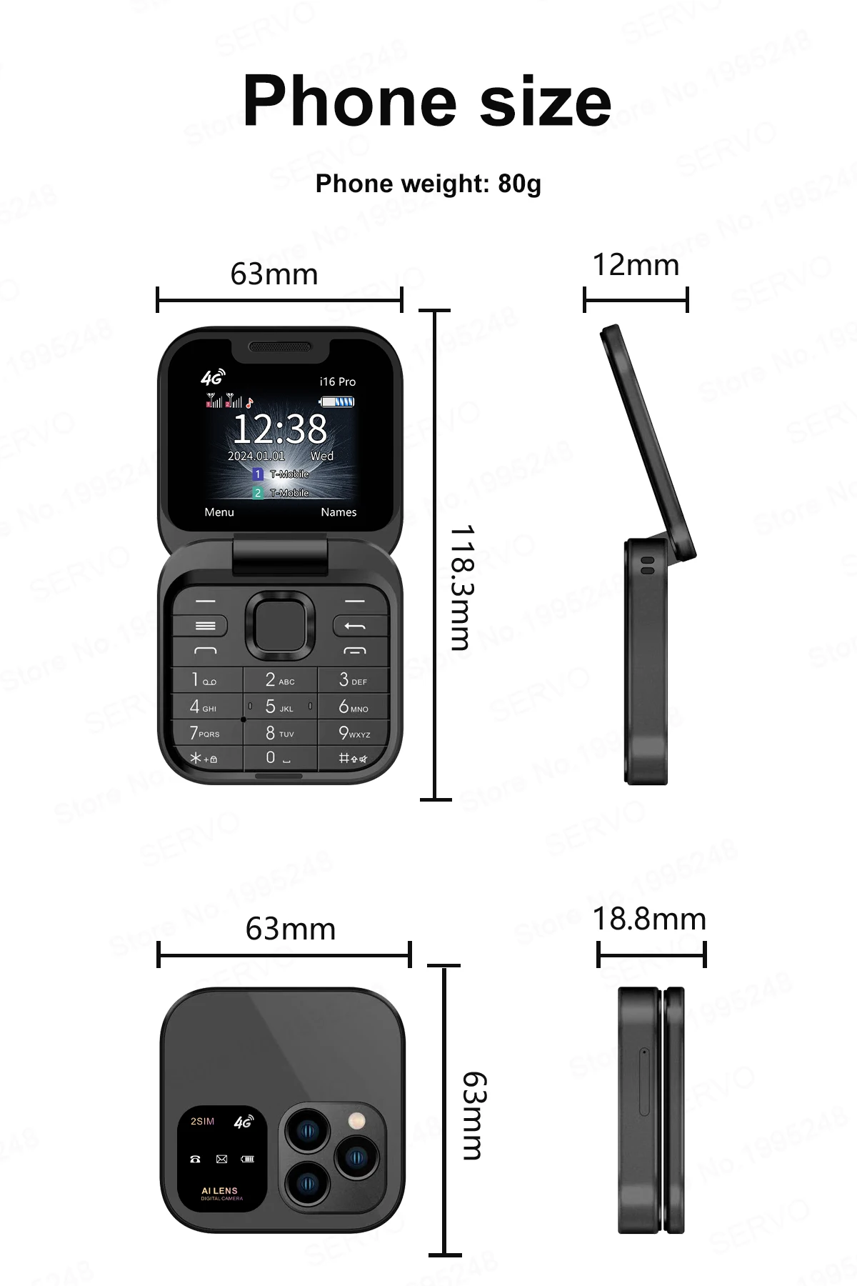 SERVO I16 PRO 4G LTE Foldable Mini Mobile Phone 2 SIM Speed Dial Call Recording Flashlight 1.77'' Screen Flip Cellphone Blacklis