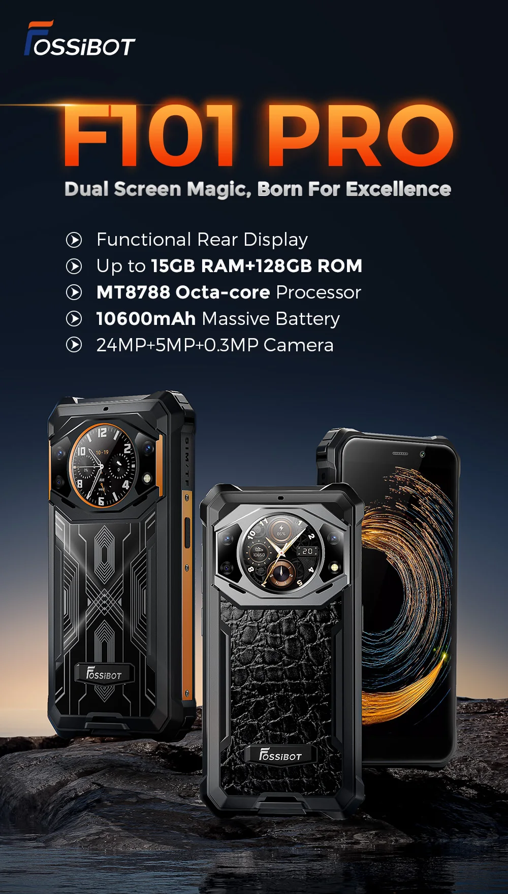 Fossibot F101Pro Rugged Smartphone 15GB+128GB Android 13 IP68 Waterproof Mobile Phone 10600mAh NFC Cell Phone Global Version