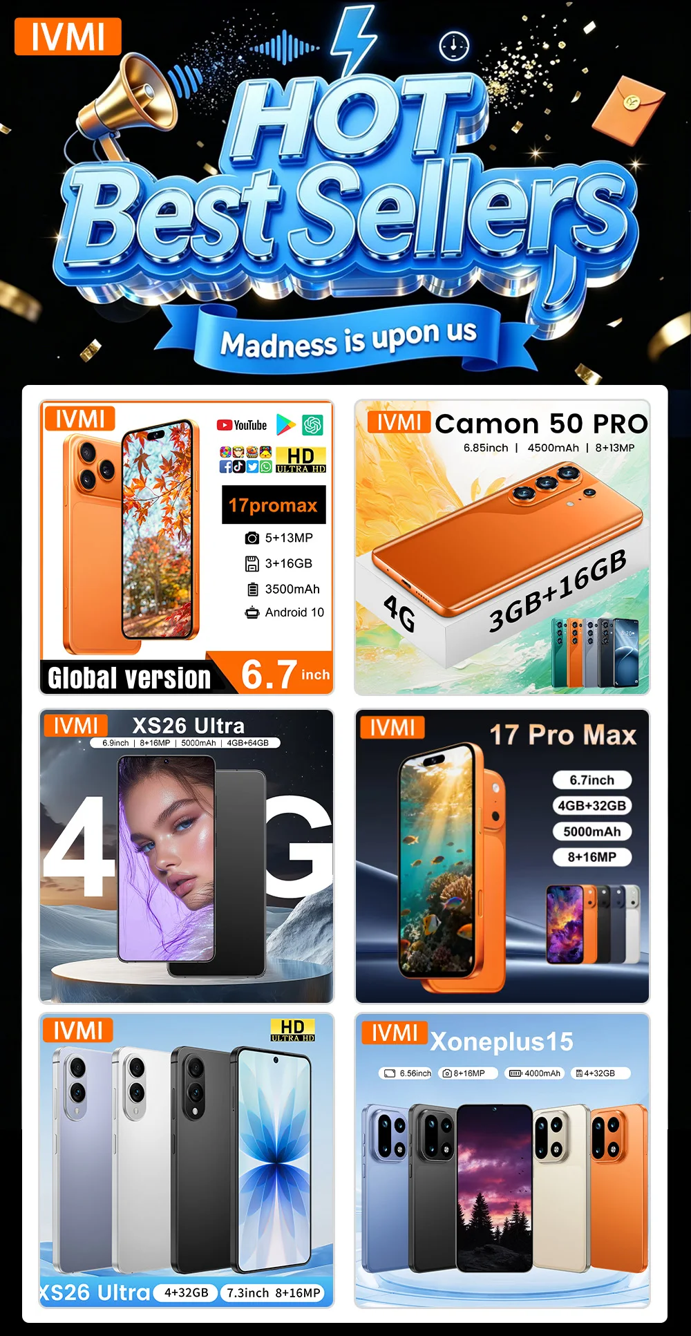 IVMI 17Pro Max Smartphones Android12.0 Dual SIM 6.7" 4GB RAM 32GB ROM Google Play Store 4G Fingerprint Face Unlock Mobile Phones