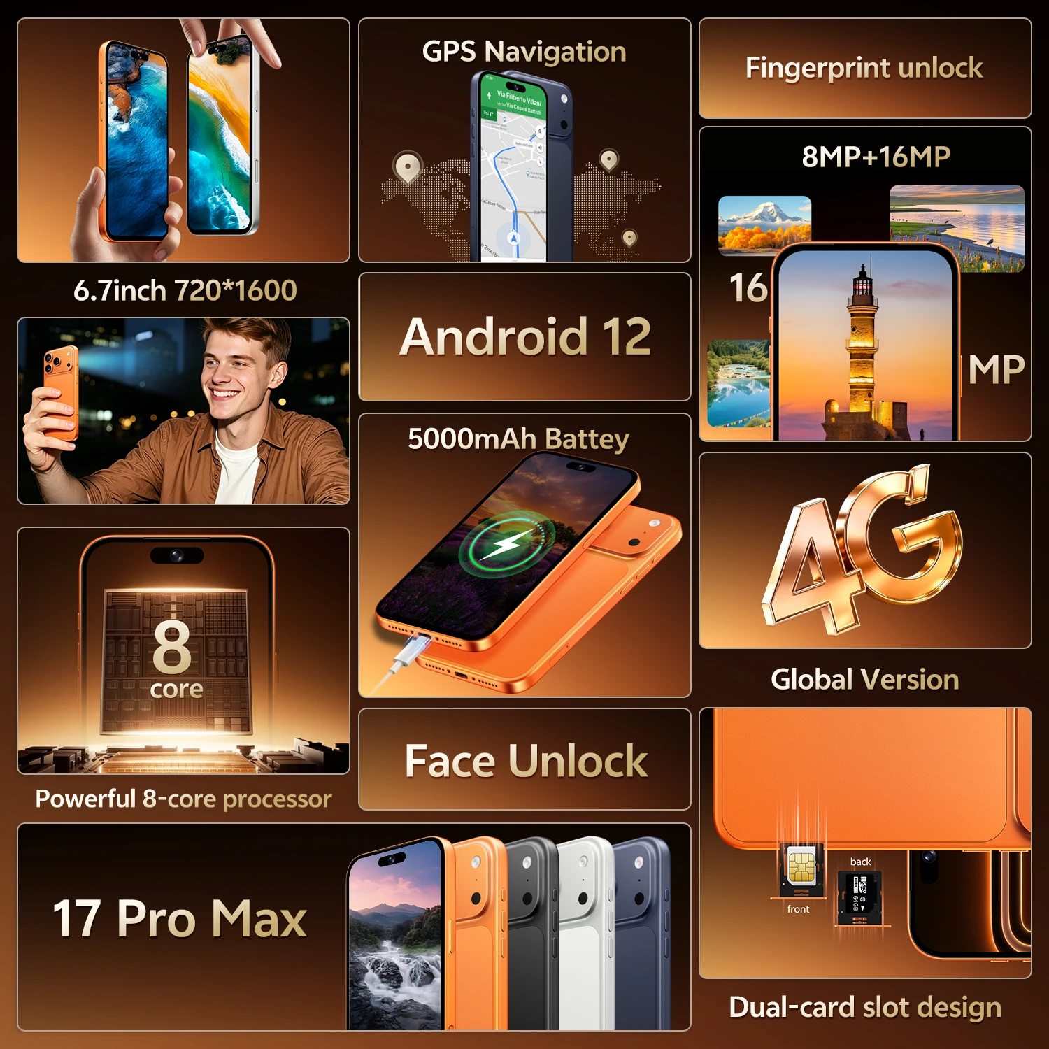 IVMI 17Pro Max Smartphones Android12.0 Dual SIM 6.7" 4GB RAM 32GB ROM Google Play Store 4G Fingerprint Face Unlock Mobile Phones