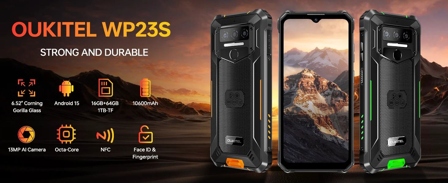 OUKITEL WP23S Rugged Phone Unlocked 2026-10600mAh Battery, 64GB/TF 1TB ROM Cell Phone, 6.52'' Display Rugged Smartphone, 13MP Ca