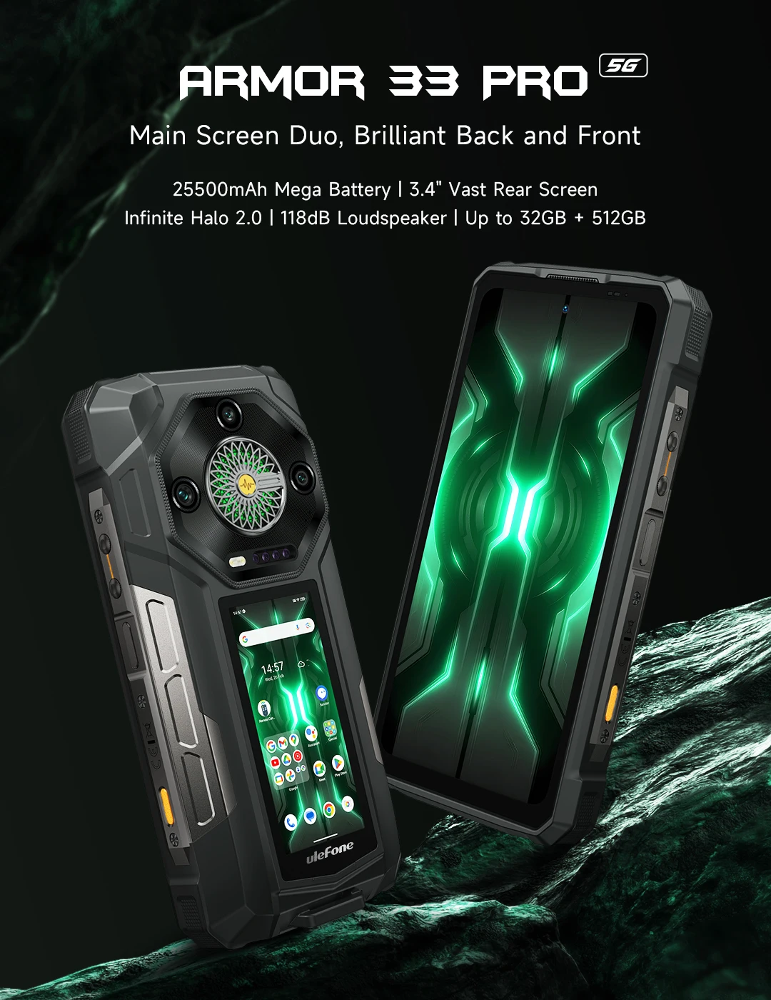 Ulefone Armor 33 Pro 5G Rugged Phone 25500mAh 512GB ROM 6.95” 120Hz 3.4" Rear Screen NFC Android Smartphone