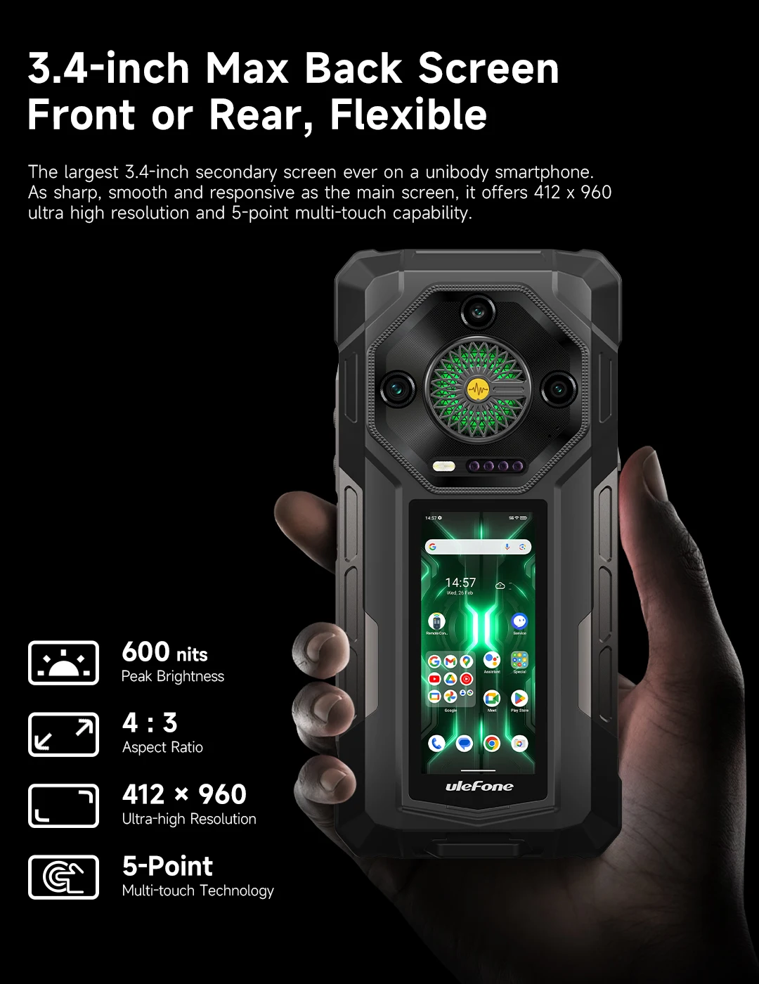 Ulefone Armor 33 Pro 5G Rugged Phone 25500mAh 512GB ROM 6.95” 120Hz 3.4" Rear Screen NFC Android Smartphone