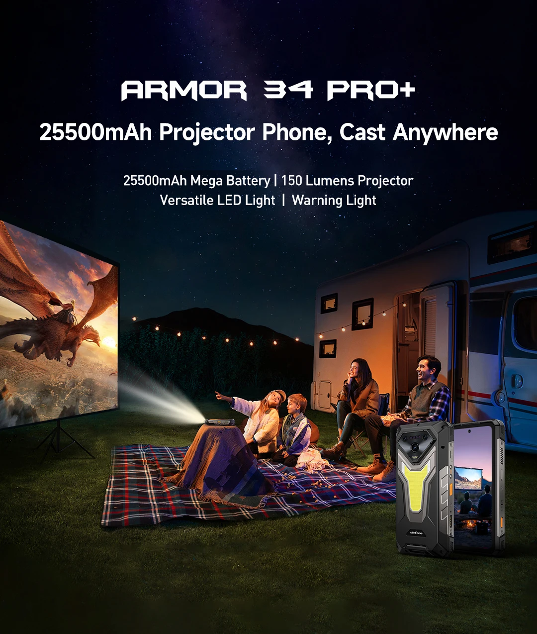 Ulefone Armor 34 Pro+ 5G Rugged Smartphone 16GB+512GB 25500mAh Built-in Projector 64MP Night Vision 6.95'' 120Hz NFC Android 15
