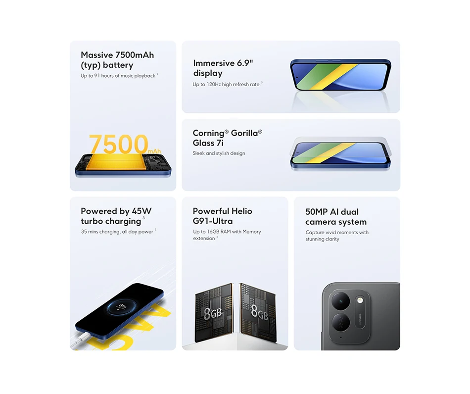 Smartphone POCO C95 pro 7500mAh 45W turbo charging Global Version Helio G91-Ultra 50MP 6.9" display