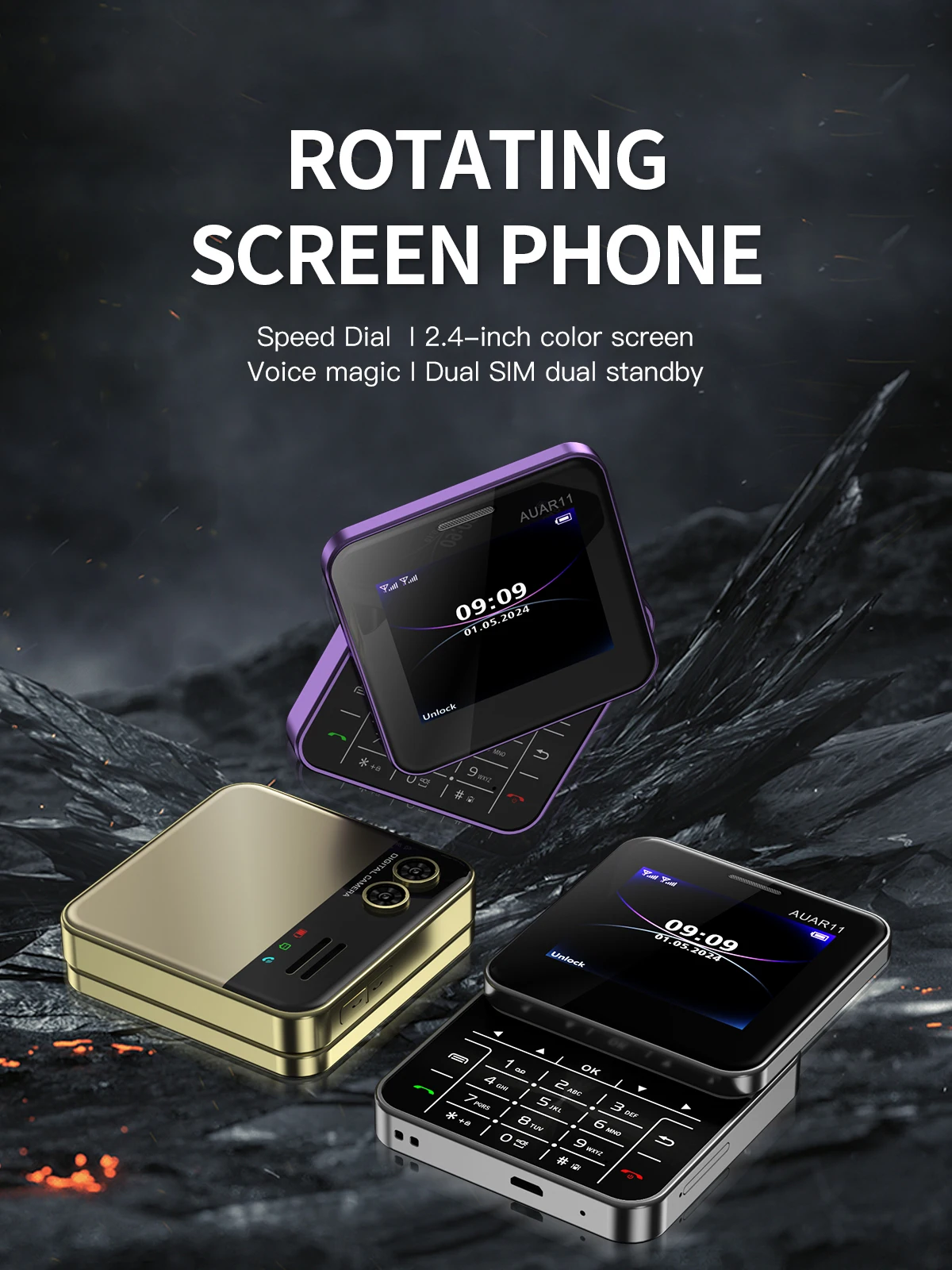 Low Price Sale SERVO AUAR11 2G GSM Rotate Screen Dual SIM Speed Dial Magic Voice Flashlight 2.4" Side Slider Square Cellphones
