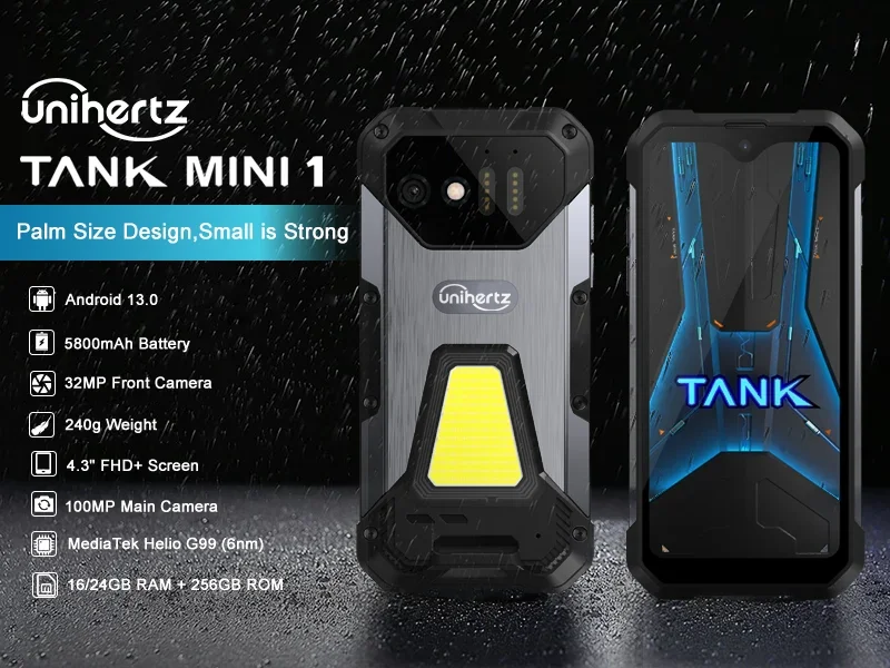 Unihertz 8849 Tank Mini Rugged Smartphone 4.3 Inch Display Android 13 Helio G99 Octa Core 5800mAh 100MP Cameras 16GB 256GB IP68