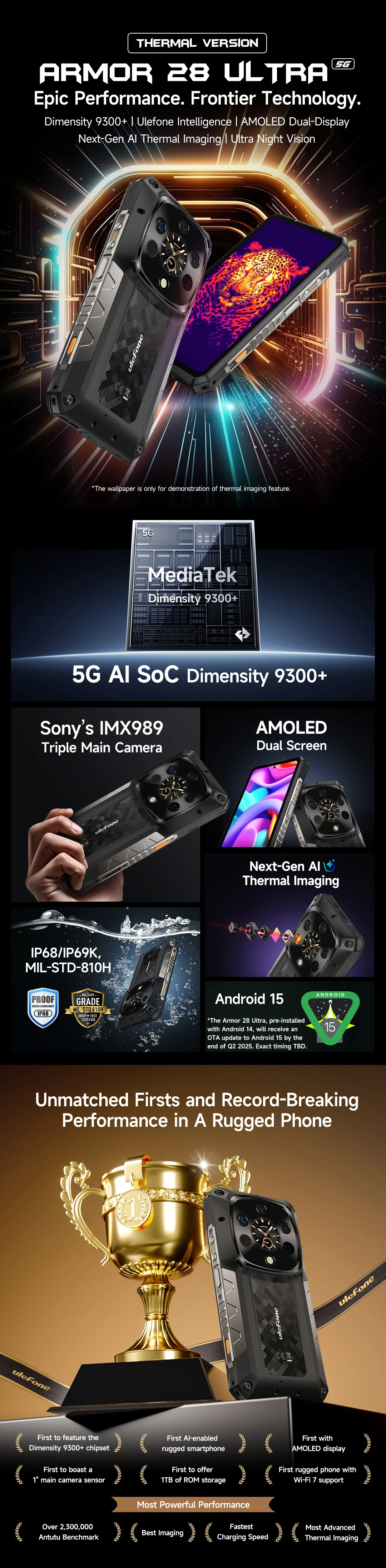 Ulefone Armor 28 Ultra 5G AI Thermal Imaging Rugged Phone Dimensity 9300+ 1TB ROM 32GB RAM Android Smartphone AMOLED Mobile
