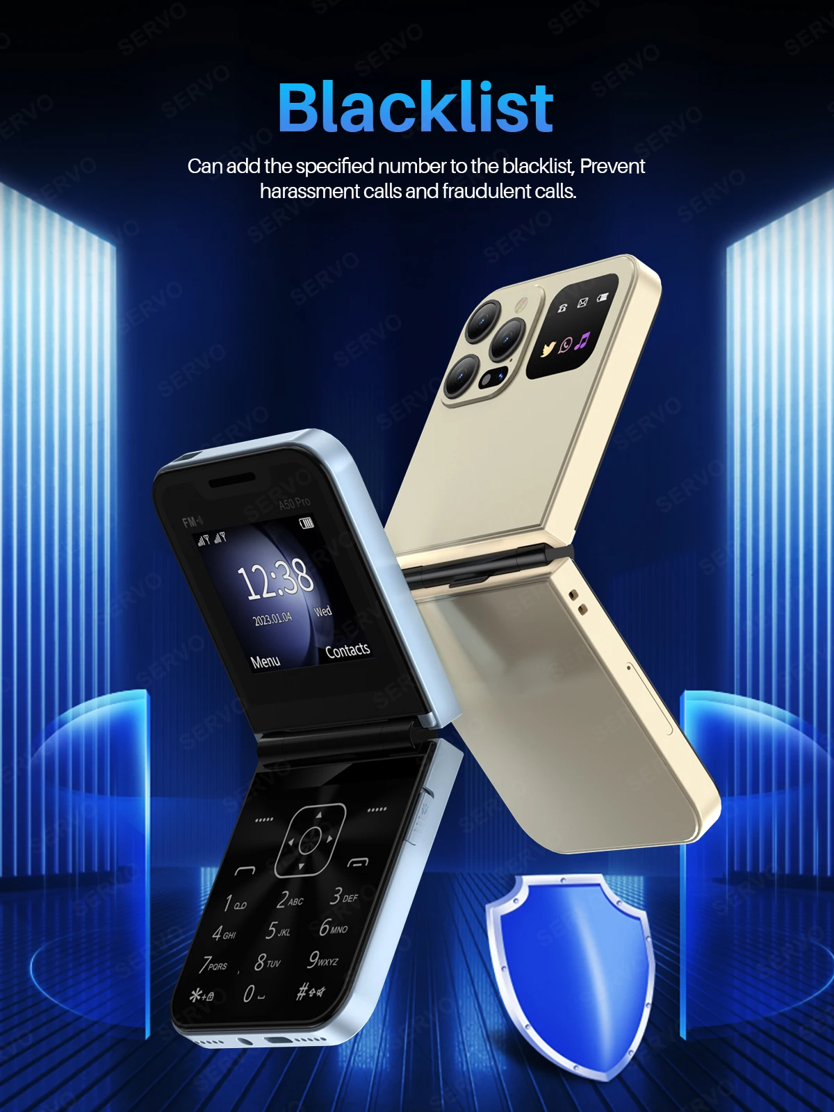 SERVO A50 PRO Foldable Mobile Phone 2.4" Screen Call Recording Speed Dial Blacklist Flashlight 2G Dual SIM Card Flip Cellphones