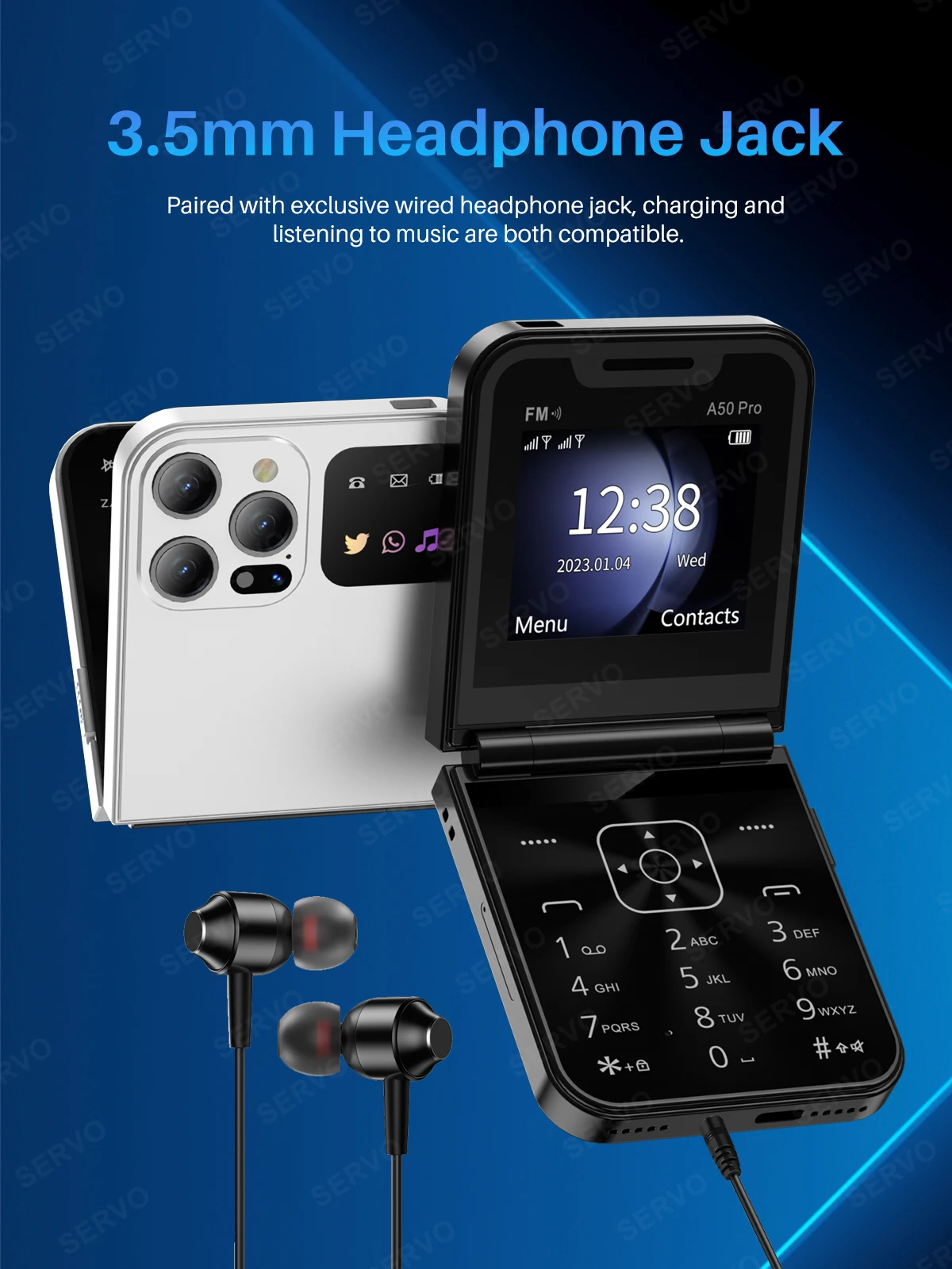 SERVO A50 PRO Foldable Mobile Phone 2.4" Screen Call Recording Speed Dial Blacklist Flashlight 2G Dual SIM Card Flip Cellphones