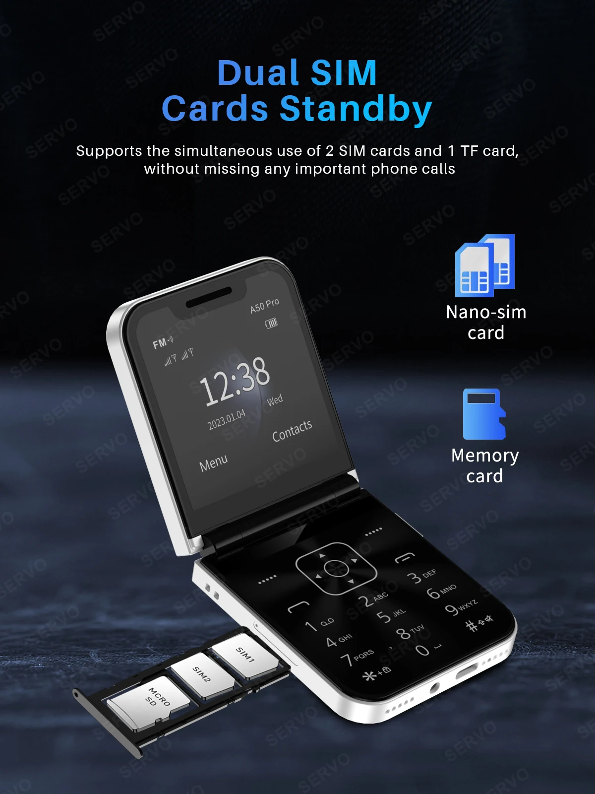 SERVO A50 PRO Foldable Mobile Phone 2.4" Screen Call Recording Speed Dial Blacklist Flashlight 2G Dual SIM Card Flip Cellphones