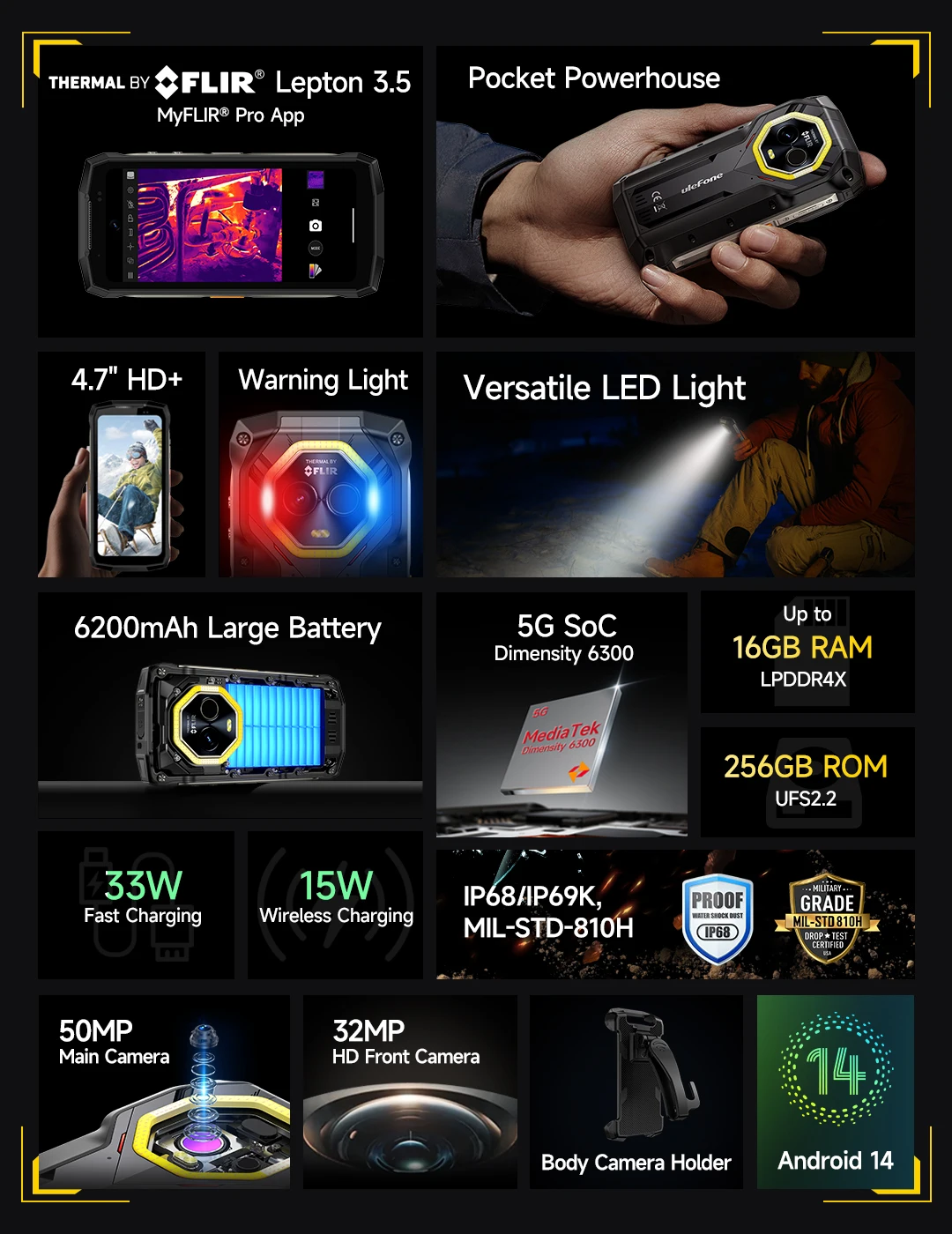 Ulefone Armor Mini 20T Pro 5G THERMAL 4.7' Rugged Phone Android 14 Smartphone 256GB ROM Mobile Phone Thermal Imaging