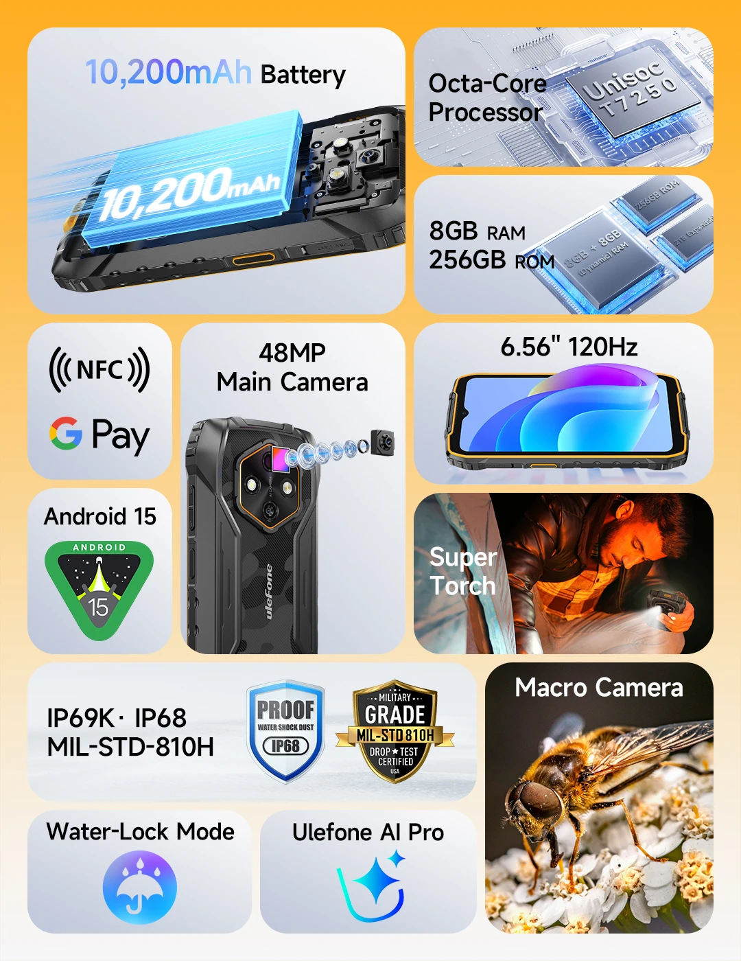 Ulefone RugKing 4 Pro Rugged Phone Android 15 Up to 16GB+256GB Waterproof Smartphone 10200mAh 48MP Camera NFC Global 6.56" 120Hz