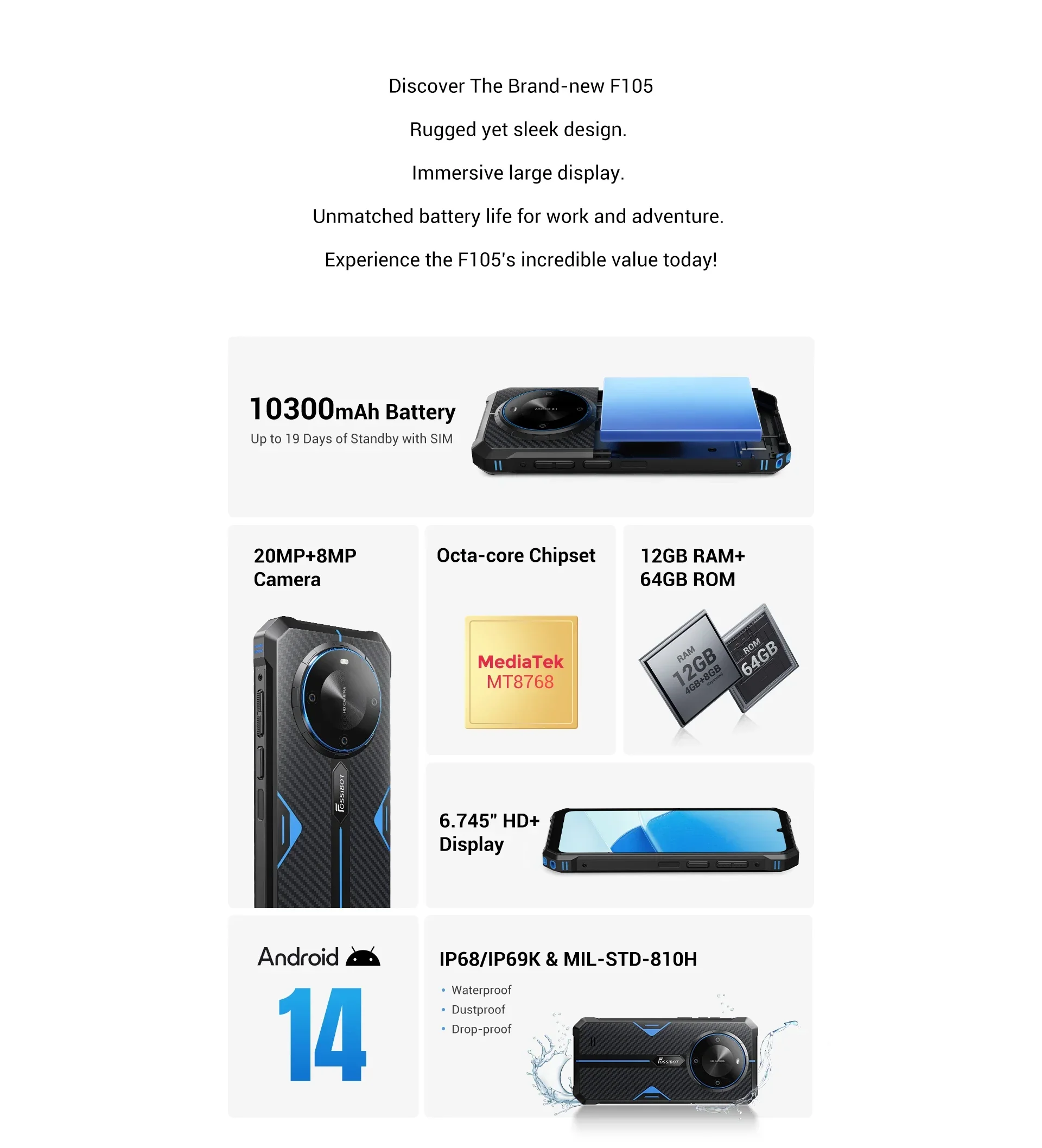 FOSSiBOT F105 Rugged Smartphone 12(4+8)GB+64GB 10300mAh Android 14 OS Mobile Phone 20 MP Camera 6.745" HD+ IPS Phone