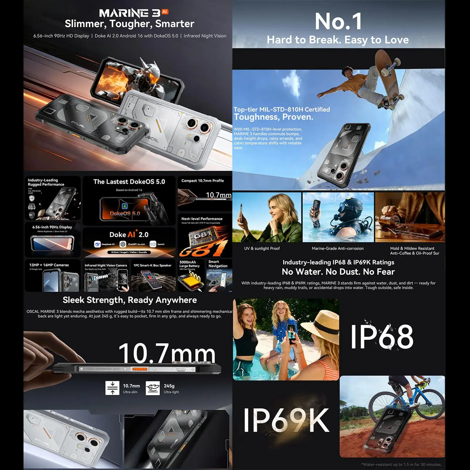 Blackview Oscal Marine 3 Rugged Phone 8GB+128GB / 256GB 6.56'' Android 16 Helio G81 5000mAh NFC 4G Smartphone