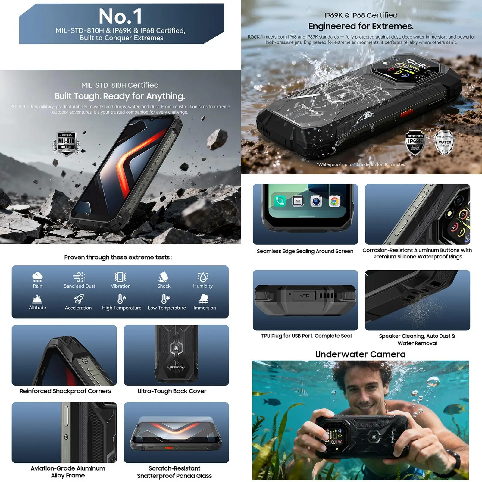 Blackview ROCK 1 Rugged Phone 8GB+256GB 6.56" 90Hz Display Android 16 Helio G81 15000mAh Battery 16MP Camera 4G 55W NFC Phone