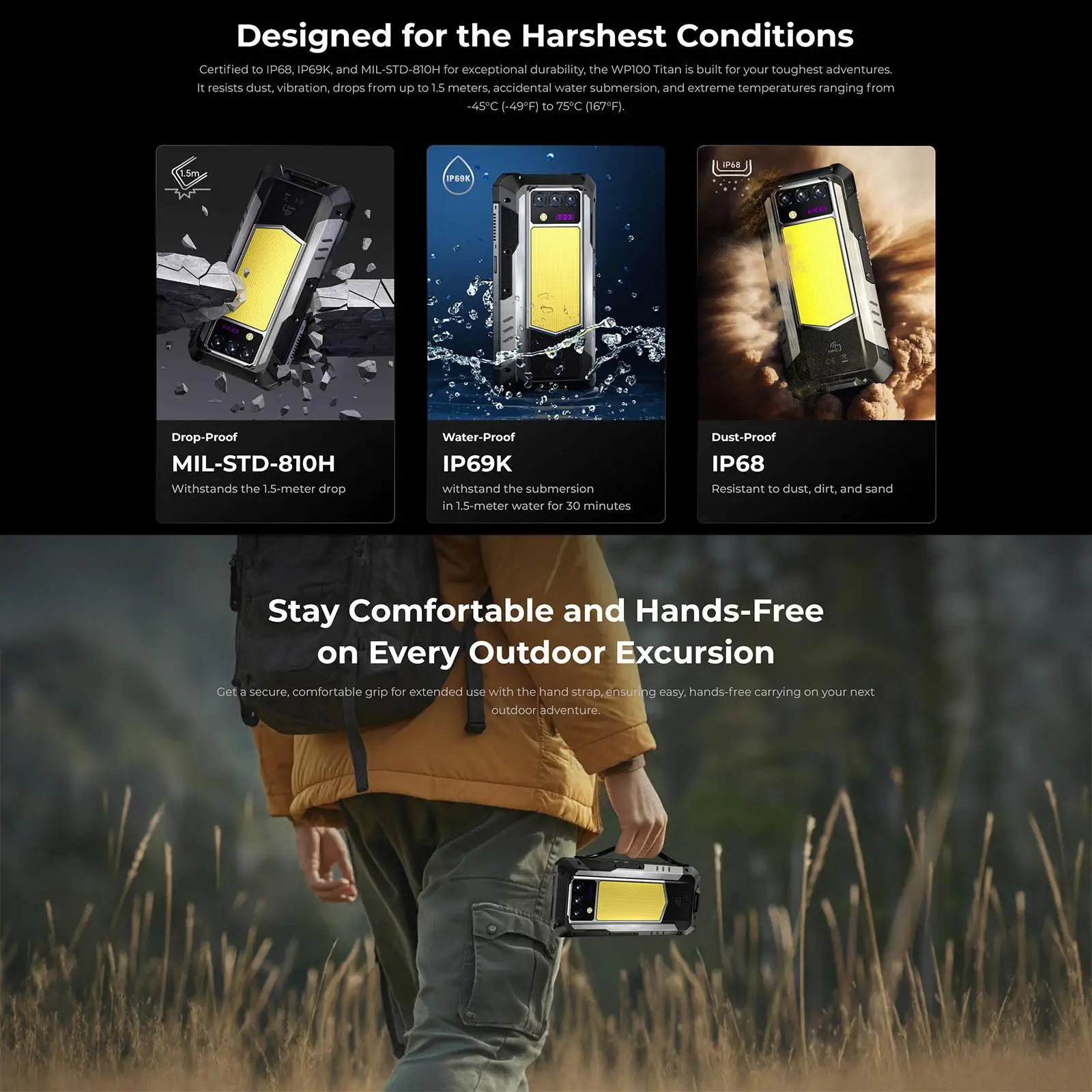 OUKITEL WP100 Titan 5G Rugged Phone 36GB+512GB 33000mAh 66W Charging 200MP 6.8'' Android 14 Projector Camping Light Smartphone