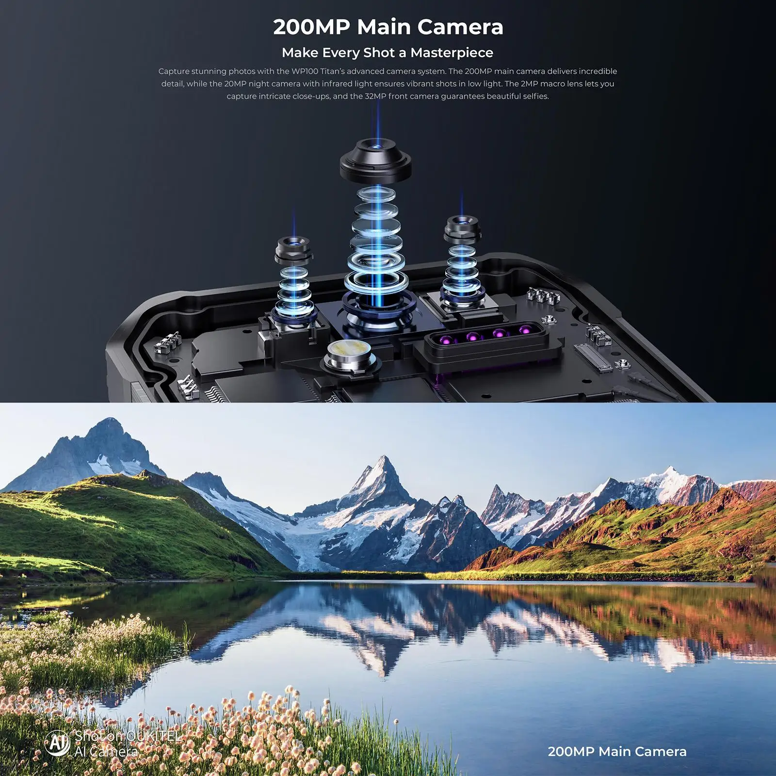 OUKITEL WP100 Titan 5G Rugged Phone 36GB+512GB 33000mAh 66W Charging 200MP 6.8'' Android 14 Projector Camping Light Smartphone