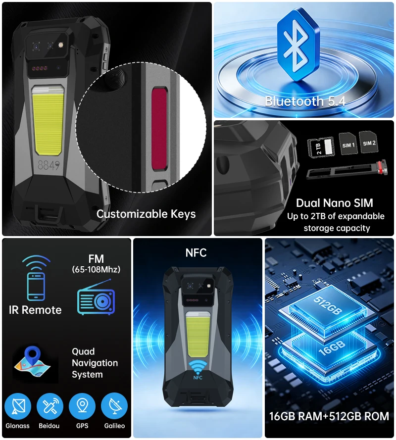 Unihertz 8849 TANK X 5G Smartphone 32+512GB Built-in 1080P 220 Lumen Projector 50MP+64MP Camera Android 15 17600mAh Battery NFC
