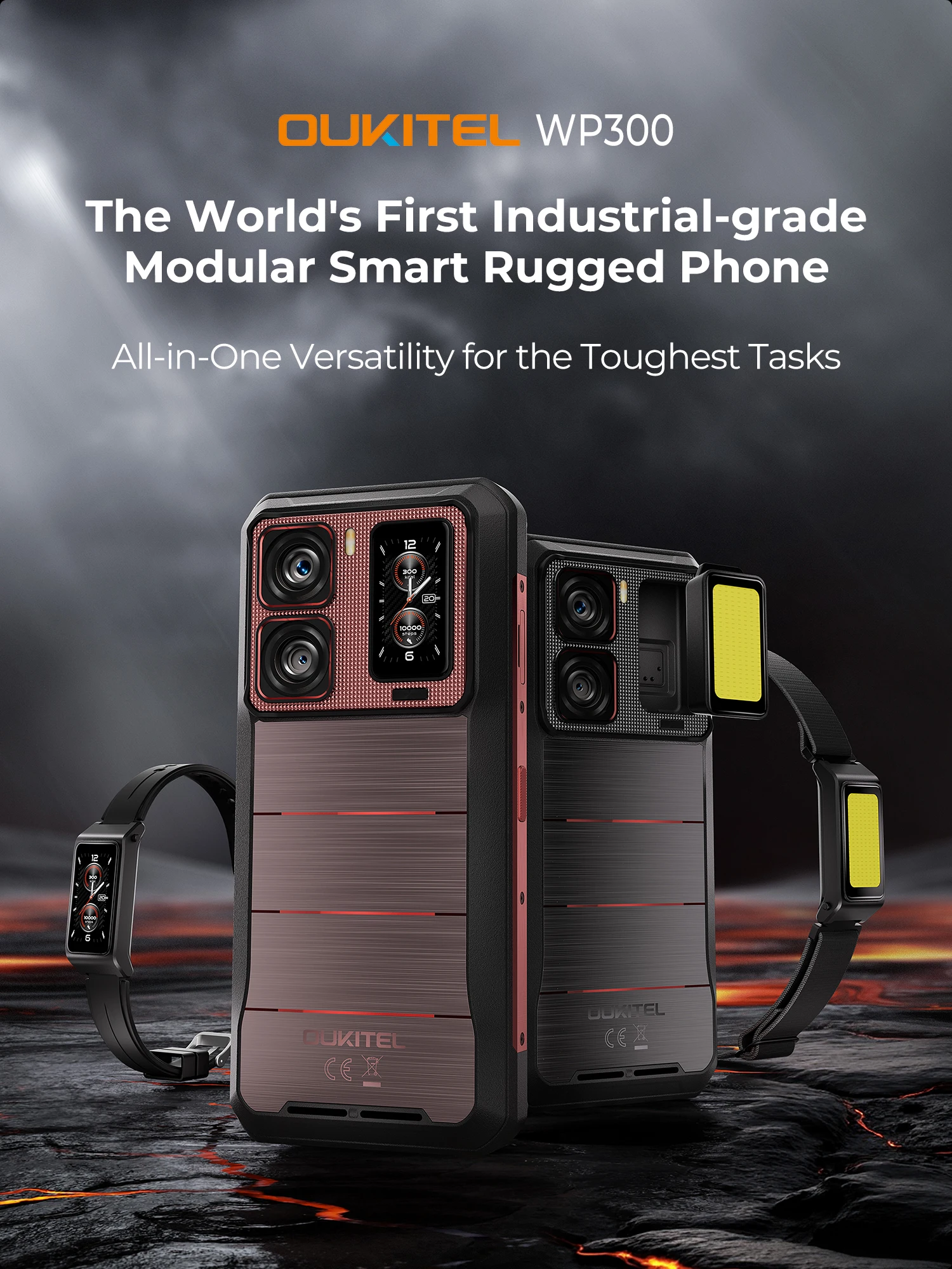 Oukitel WP300 Rugged Phone 16000mAh 36GB(12+24)GB+512GB Modular Detachable Earbud/camping Light 6.78' FHD 120Hz 108MP Cell Phone