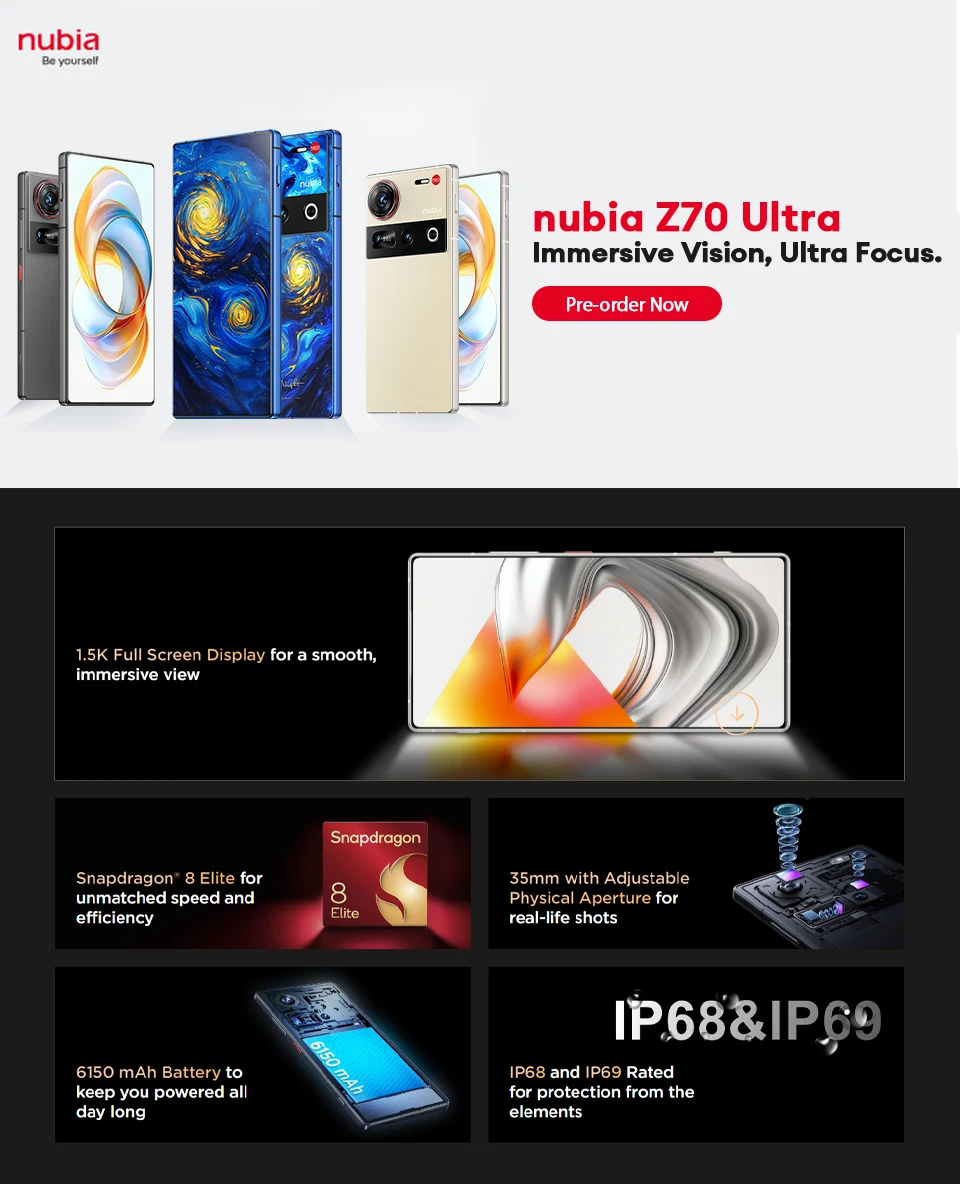 Global Version Nubia Z70 Ultra NX733J Snapdragon 8 Elite 1.5K HD Display 35mm Lens IP69 NFC