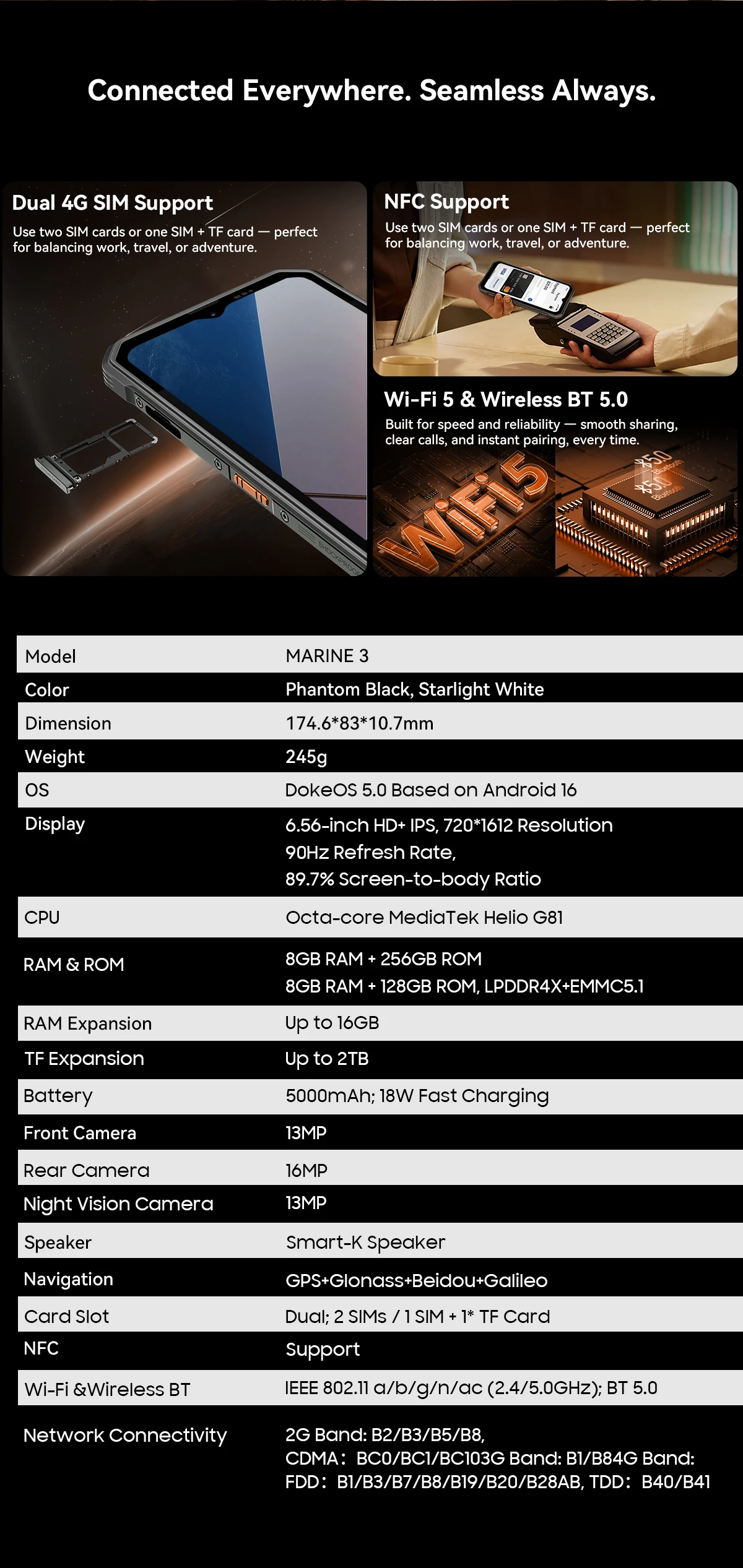 OSCAL MARINE 3 Smartphone, 6.56' HD 90Hz Display, MediaTek Helio G81, 13MP+16MP Camera, 5000mAh W/ 18W, Android 16 Mobile Phone