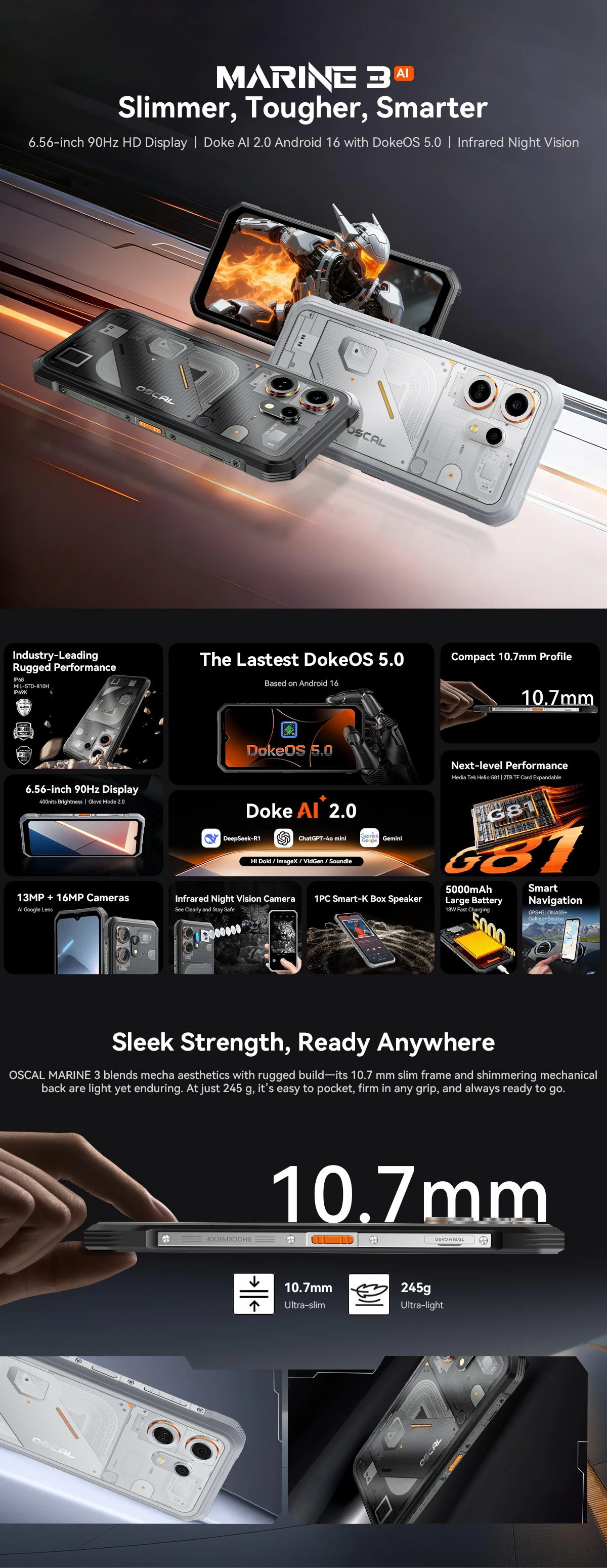 OSCAL MARINE 3 Smartphone, 6.56' HD 90Hz Display, MediaTek Helio G81, 13MP+16MP Camera, 5000mAh W/ 18W, Android 16 Mobile Phone