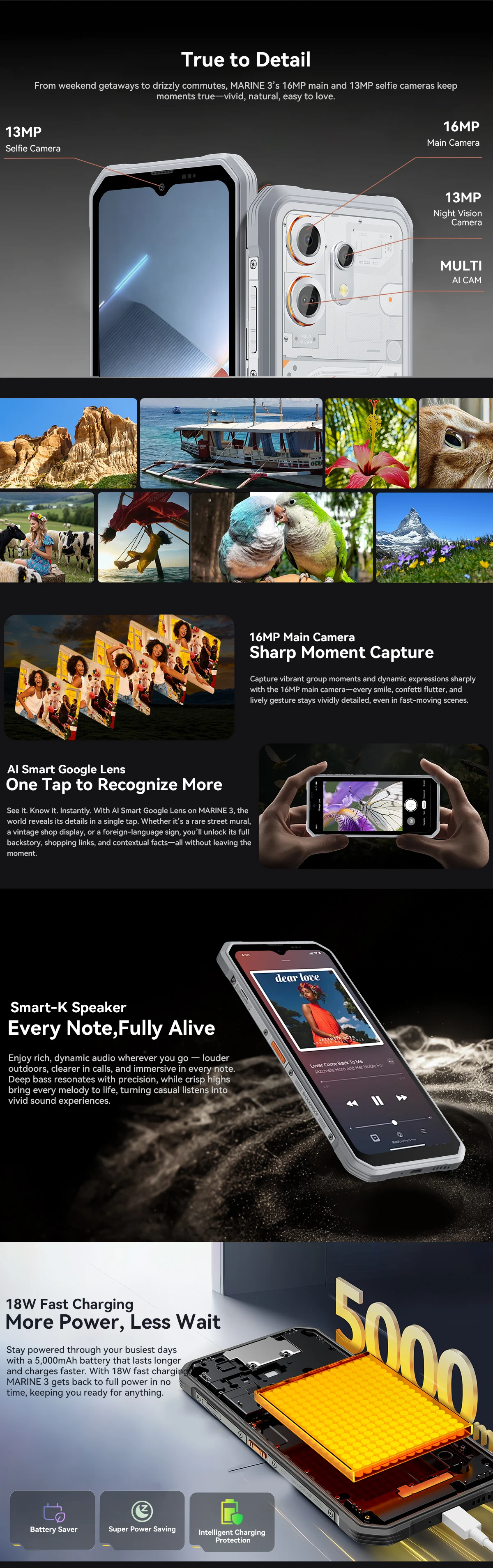 OSCAL MARINE 3 Smartphone, 6.56' HD 90Hz Display, MediaTek Helio G81, 13MP+16MP Camera, 5000mAh W/ 18W, Android 16 Mobile Phone
