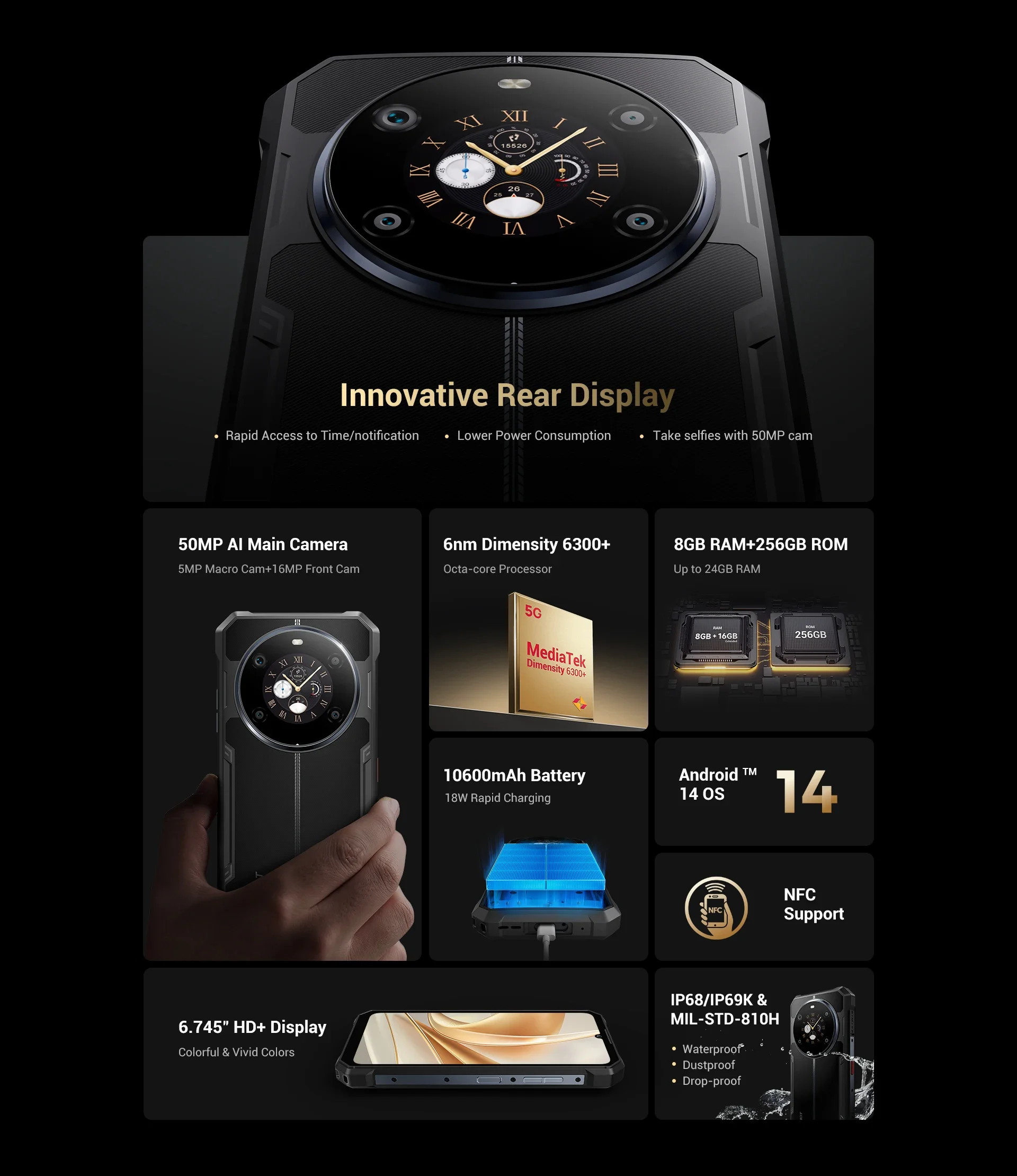 Fossibot [F109] 5G Rugged Phone 24GB(8+16) 256GB 10600mAh 6.745" Android 14 NFC 50MP Camra Dual Screen Face ID Smartphone