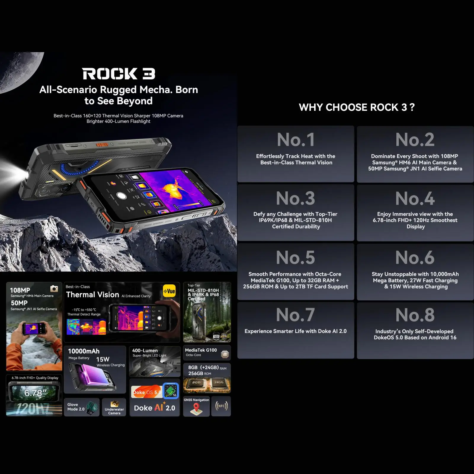 Blackview ROCK 3 Rugged Phone Thermal Imager 8GB+256GB 6.78'' Android 16 Helio G100 10000mAh 108MP Camera NFC 4G Smartphone