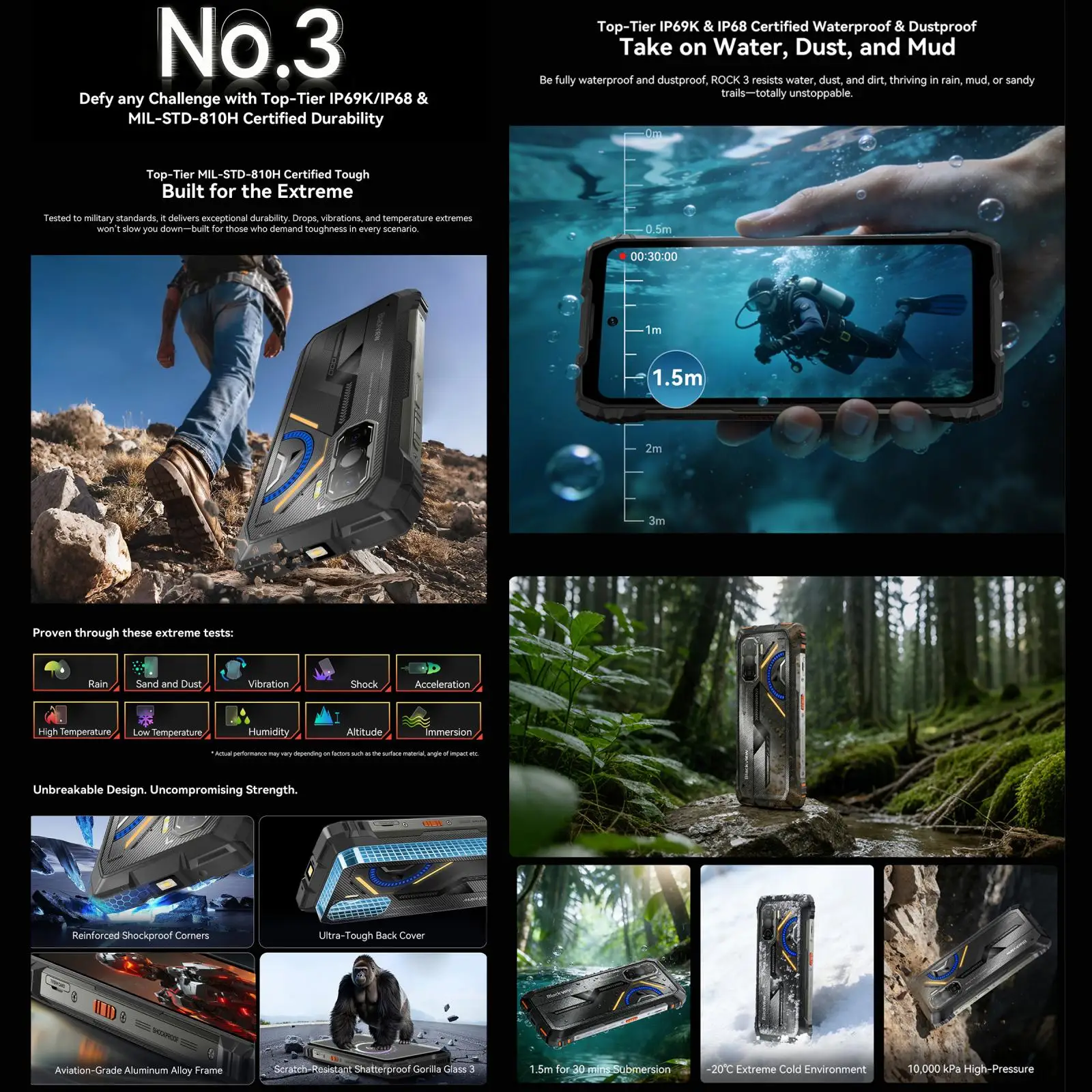 Blackview ROCK 3 Rugged Phone Thermal Imager 8GB+256GB 6.78'' Android 16 Helio G100 10000mAh 108MP Camera NFC 4G Smartphone