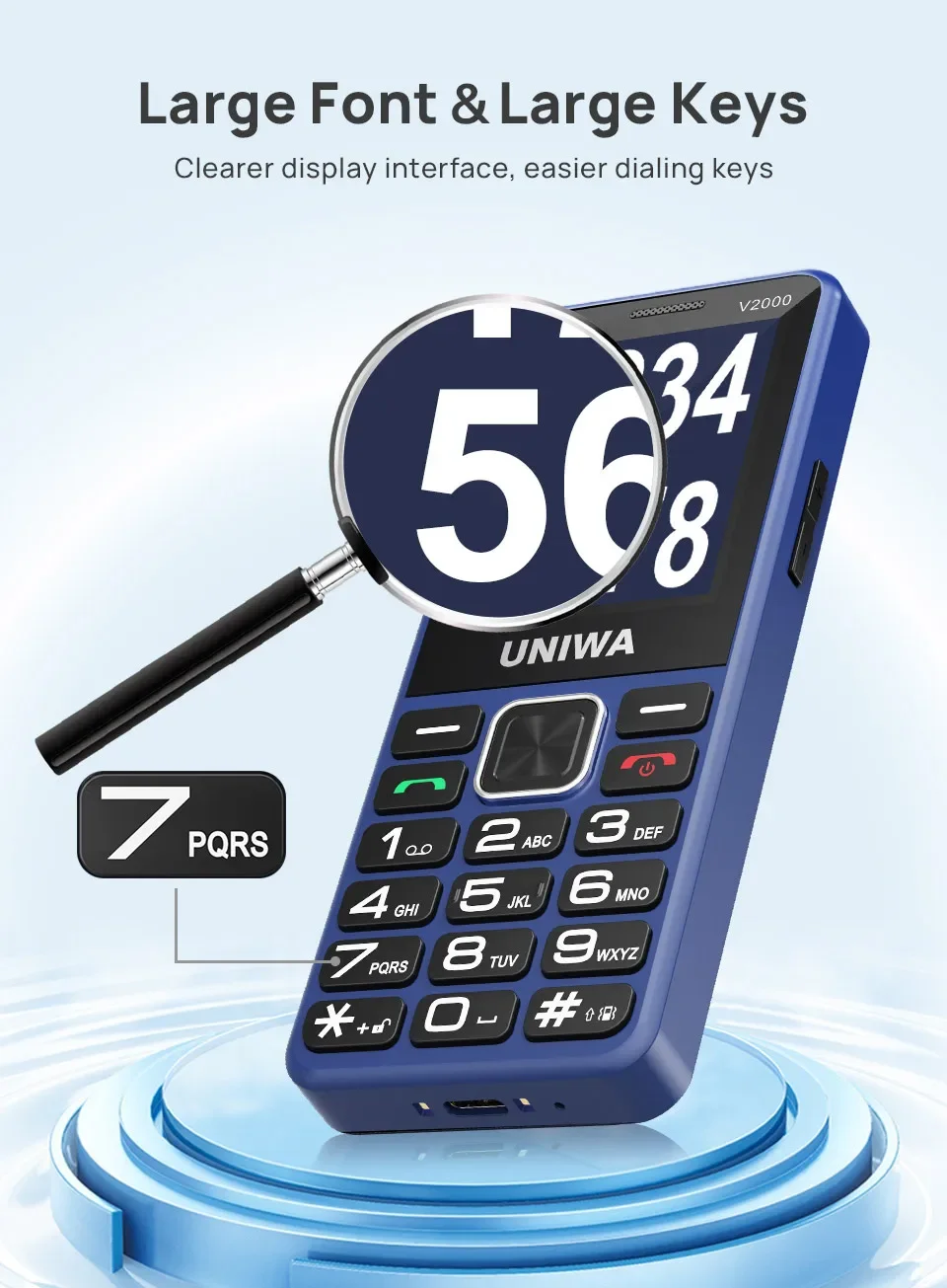 UNIWA V2000 2.4 Inch 4G Fashion Keypad Phone 0.3MP Camera Big Button 1700mAh English Russia Keyboard Feature Phones for Elderly