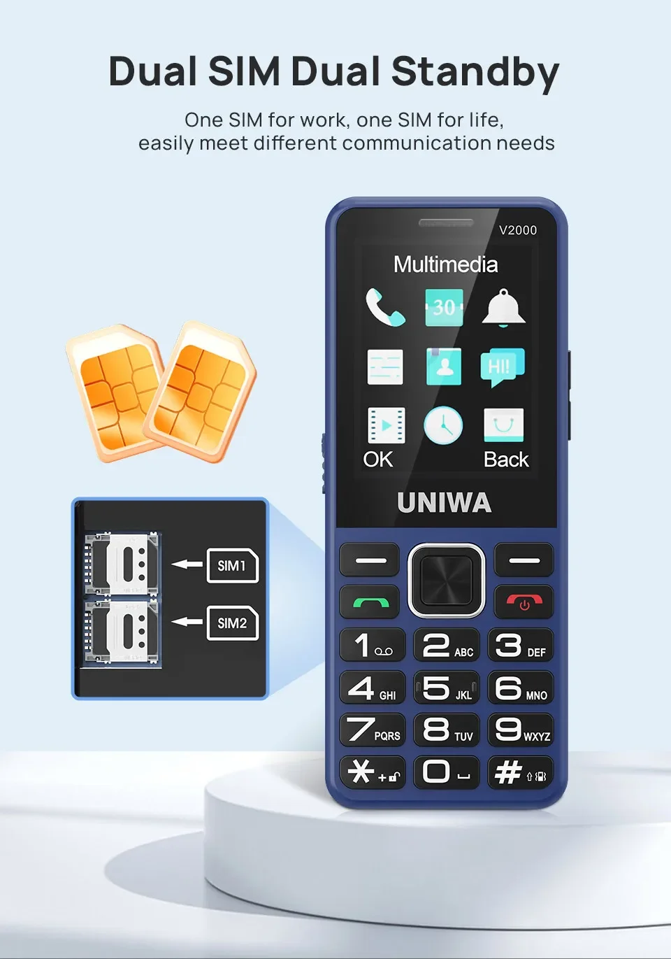UNIWA V2000 2.4 Inch 4G Fashion Keypad Phone 0.3MP Camera Big Button 1700mAh English Russia Keyboard Feature Phones for Elderly