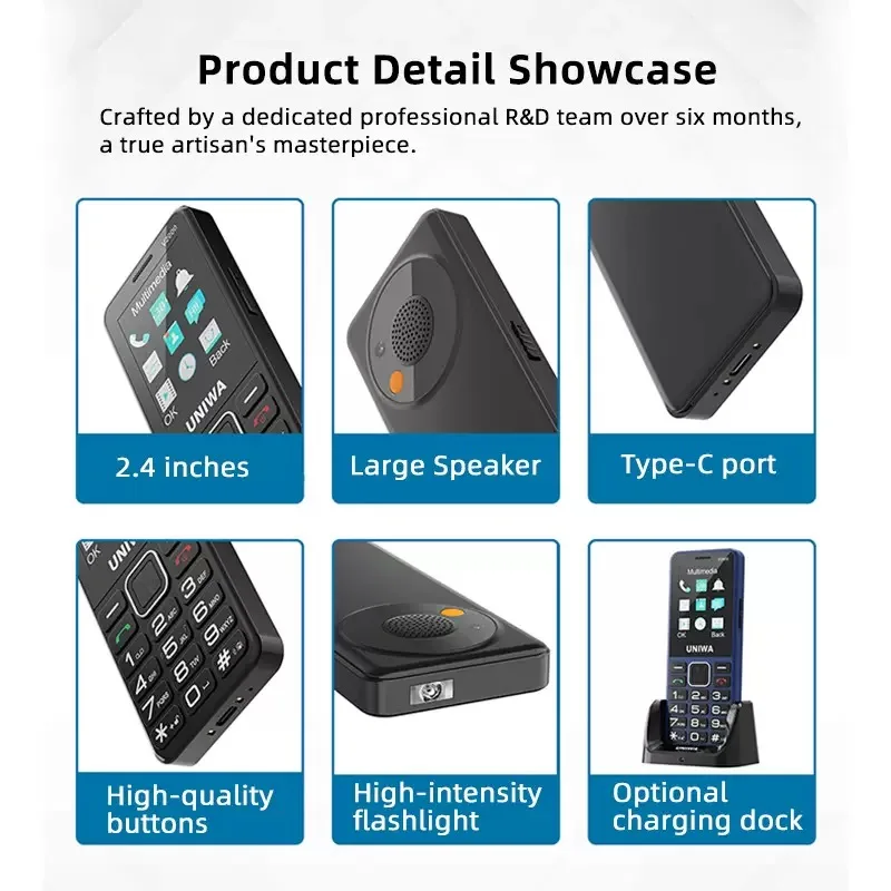 UNIWA V2000 2.4 Inch 4G Fashion Keypad Phone 0.3MP Camera Big Button 1700mAh English Russia Keyboard Feature Phones for Elderly
