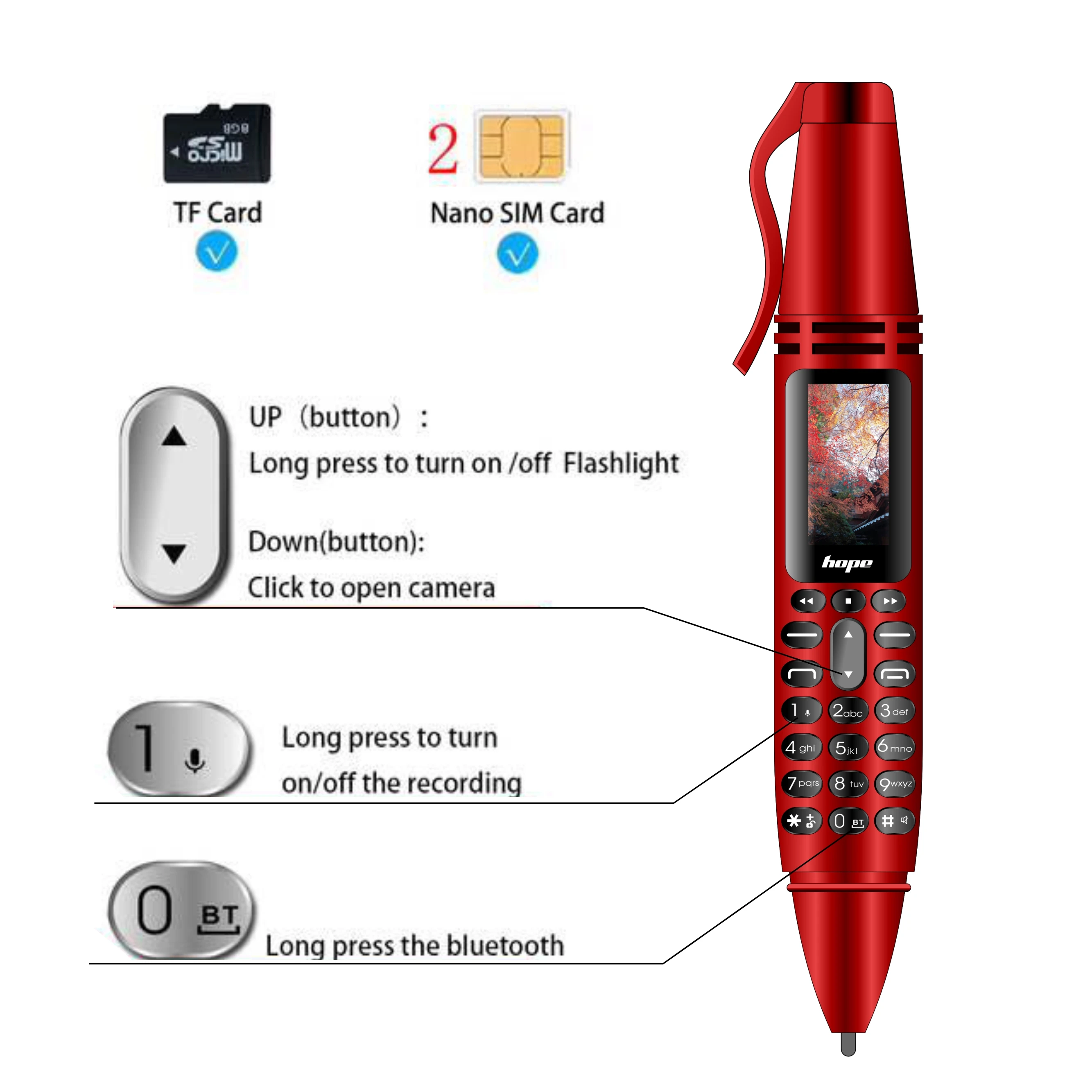 UNIWA AK007 0.96 " Pen Phone with Dual SIM 2G GSM CellPhone BT V3.0 Screen Mobile Phone Dialer Magic Voice MP3 FM Voice Recorder
