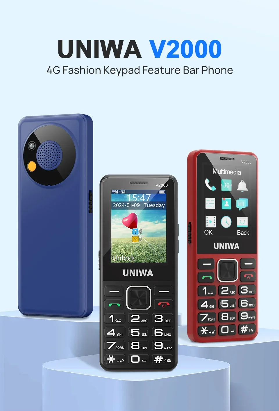 UNIWA V2000 2.4 Inch 4G Fashion Keypad Phone 0.3MP Camera Big Button 1700mAh English Russia Keyboard Feature Phones for Elderly