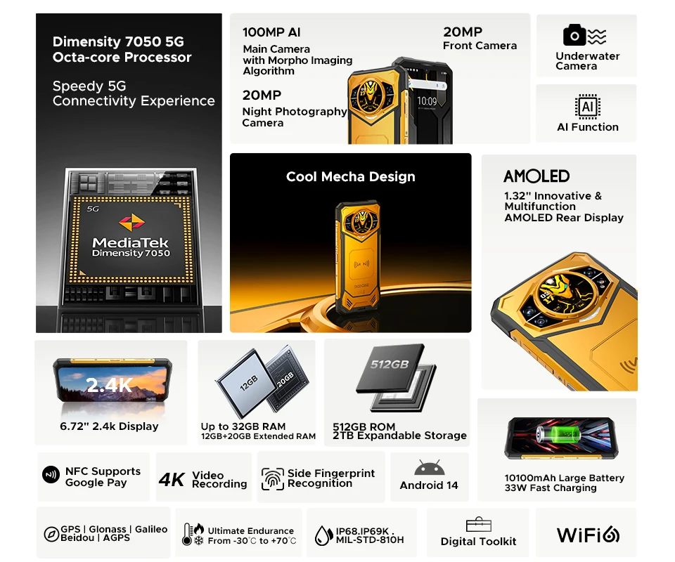 World Premiere DOOGEE S200 X 5G 12GB 512GB Rugged Phone MTK Dimensity 7050 10100mAh battery 33W 6.72” FHD+120Hz IPS screen