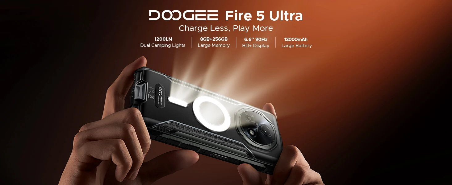 DOOGEE Fire 5 Ultra Rugged Phone 32GB 256GB 13000mAh Battery Helio G81 6.6'' 48MP Camera Camping Light NFC Android 15 Smartphone