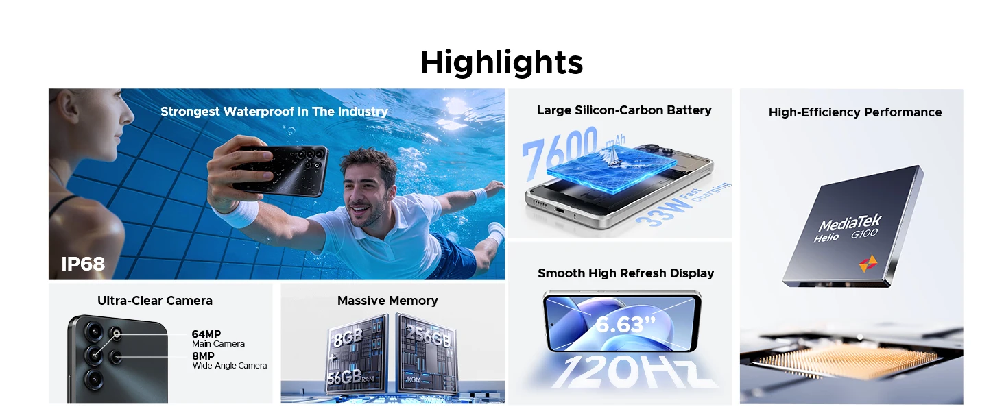 DOOGEE B10 Pro Smartphone 64GB+256GB 6.63” FHD 120Hz Display IP68 Helio G100 7600mAh Battery 64MP Camera Android 16 NFC