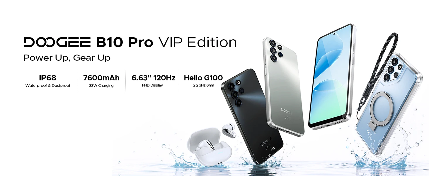 DOOGEE B10 Pro Smartphone 64GB+256GB 6.63” FHD 120Hz Display IP68 Helio G100 7600mAh Battery 64MP Camera Android 16 NFC