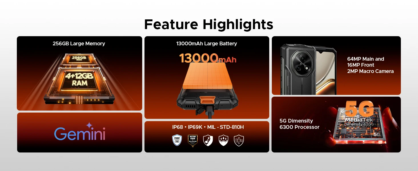 DOOGEE Fire 7 5G Rugged Phone 16GB RAM+256GB ROM 13000mAh Battery Dimensity 6300 Gemini AI 64MP Camera NFC Android 15 Smartphone