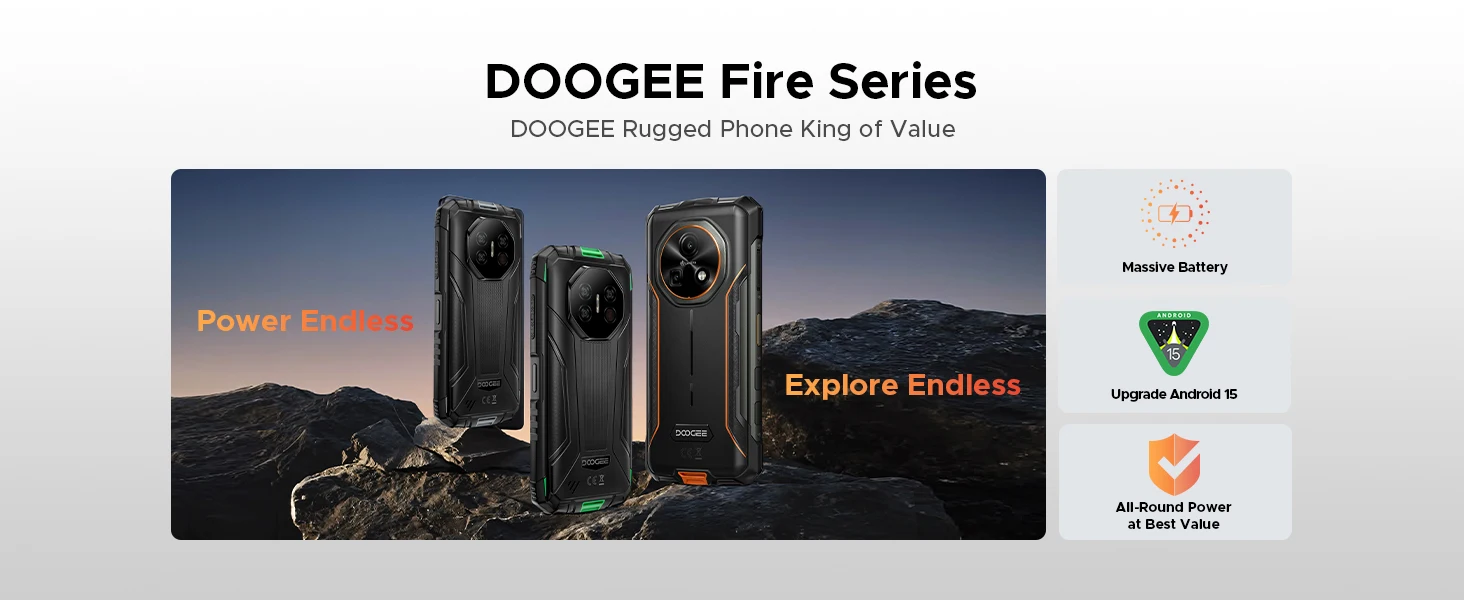 DOOGEE Fire 7 5G Rugged Phone 16GB RAM+256GB ROM 13000mAh Battery Dimensity 6300 Gemini AI 64MP Camera NFC Android 15 Smartphone