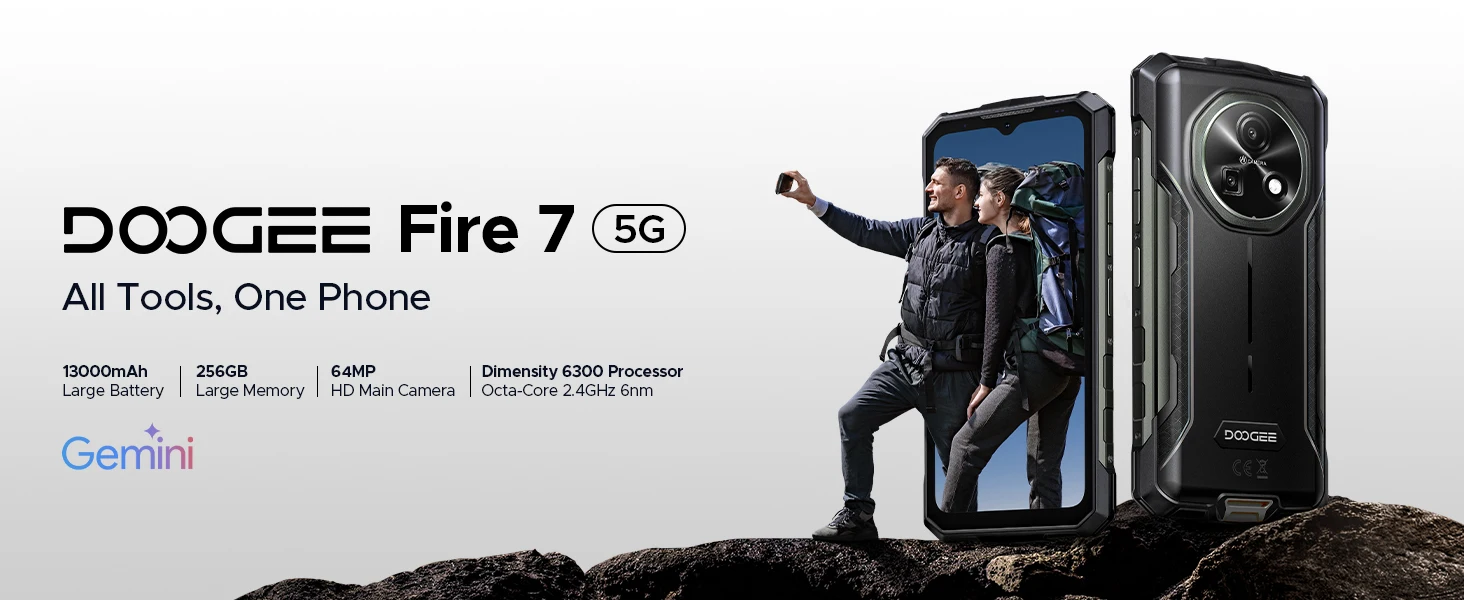 DOOGEE Fire 7 5G Rugged Phone 16GB RAM+256GB ROM 13000mAh Battery Dimensity 6300 Gemini AI 64MP Camera NFC Android 15 Smartphone