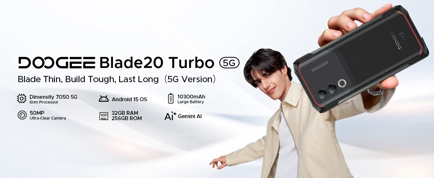 DOOGEE Blade20 Turbo 5G Rugged Phone 32GB+256GB 6.6'' HD+ Dimensity 7050 50MP Camera Gemini Al 10300mAh Battery NFC WiFi6 Android 15 Smartphone