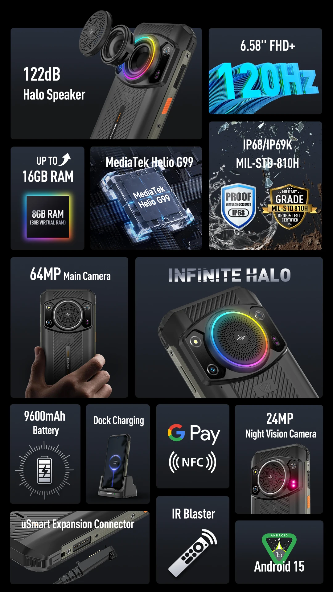 Ulefone Armor 21 Rugged Phone 16GB RAM 256GB ROM Smartphone Android 15 G99 Mobile Phone 64MP 9600mAh 4G Cellular Global Version