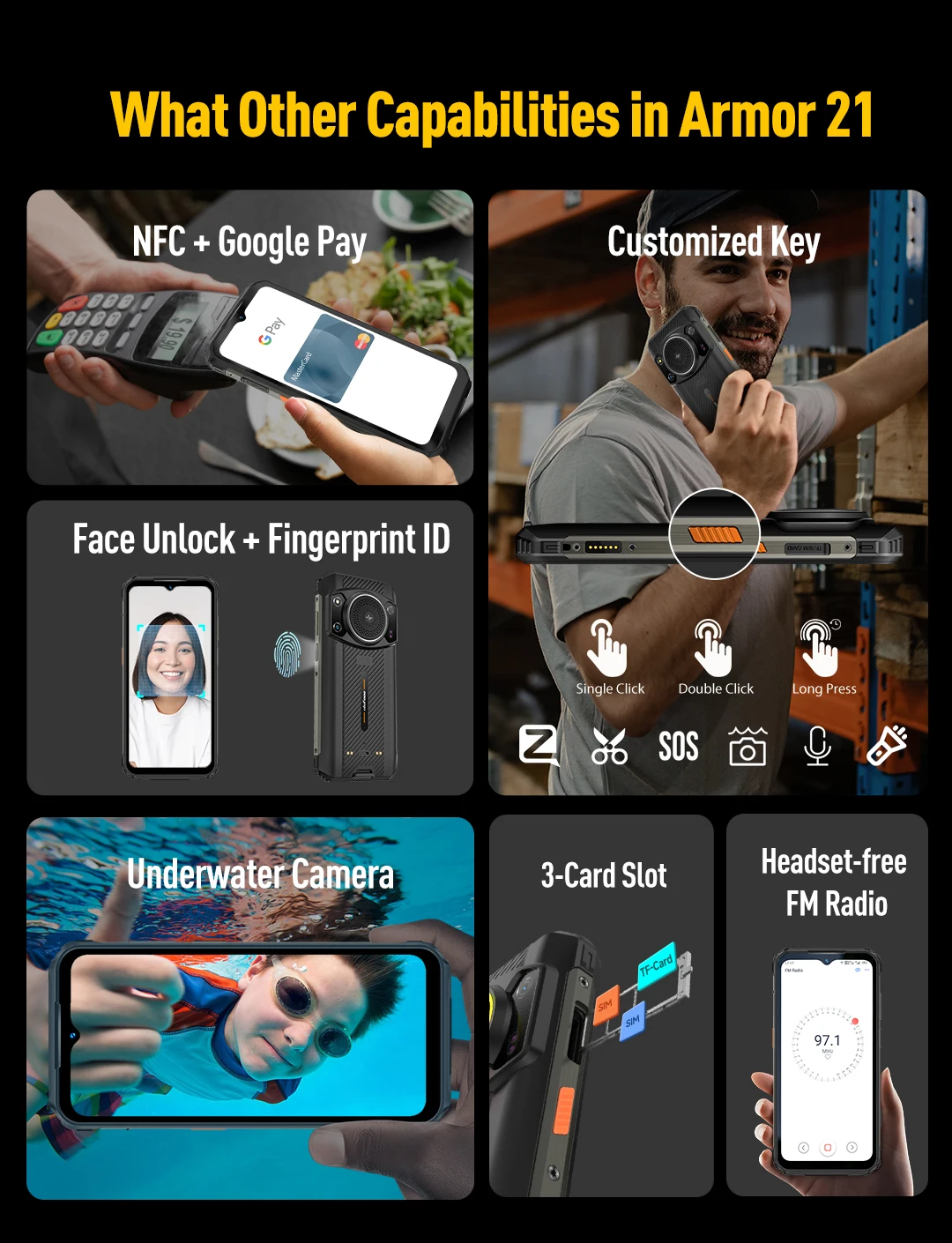 Ulefone Armor 21 Rugged Phone 16GB RAM 256GB ROM Smartphone Android 15 G99 Mobile Phone 64MP 9600mAh 4G Cellular Global Version