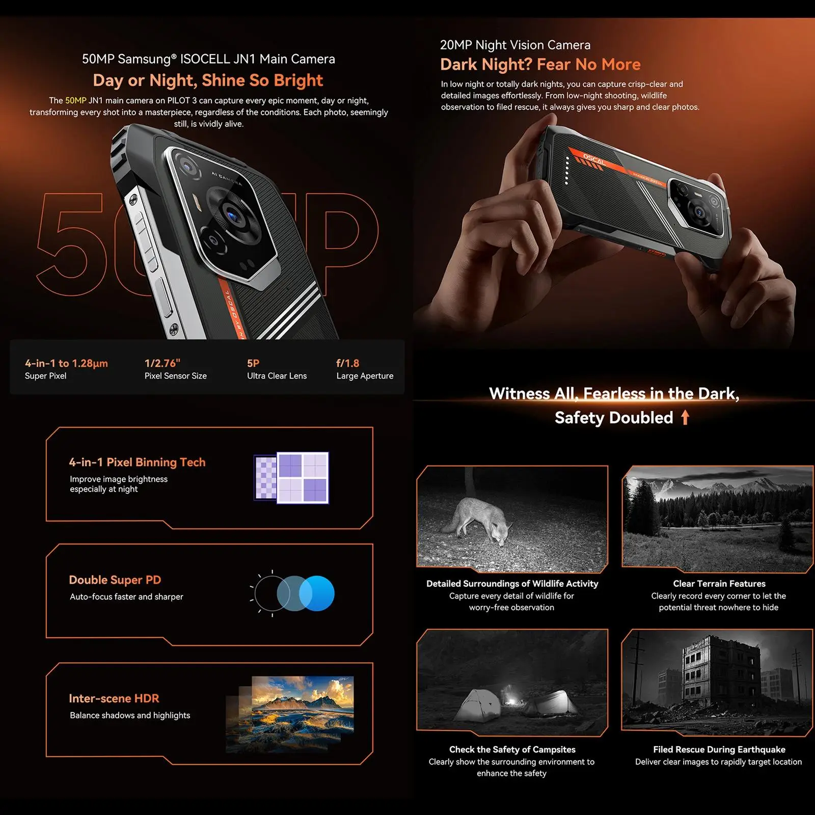 Blackview Oscal Pilot 3 Rugged Phone 12GB+256GB Night Vision 6.56'' FHD+2.4K 120Hz Display Android 15 7500Amh NFC 5G Smartphone