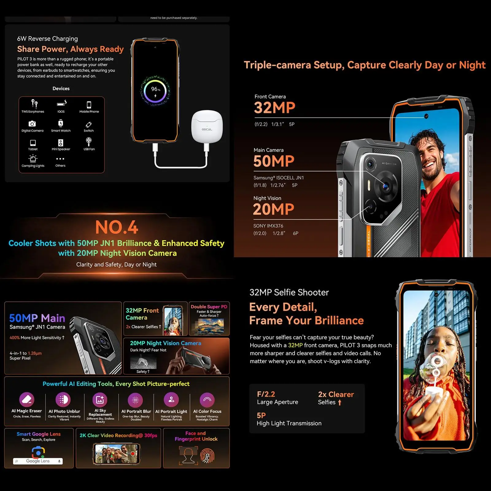 Blackview Oscal Pilot 3 Rugged Phone 12GB+256GB Night Vision 6.56'' FHD+2.4K 120Hz Display Android 15 7500Amh NFC 5G Smartphone