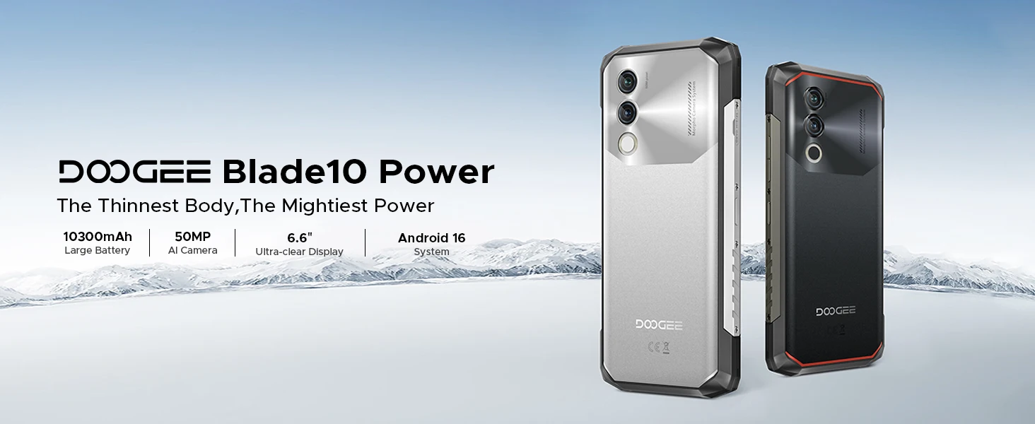 DOOGEE Blade10 Power Rugged Phone 48GB+128GB 6.6” HD+ Display 10300mAh Large Battery 50MP Camera Unisoc T7250 NFC Android 16 Smartphone